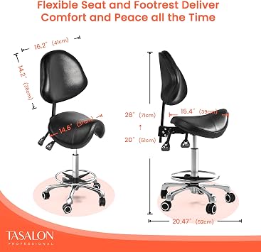 TASALON Saddle Stool with Back Support Ergonomic Adjustable Stool with Wheels - Swivel Salon Cutting Stool for Kitchen, Salon, Spa, Tattoo, Pedicure, Massage -Esthetician Chair Black