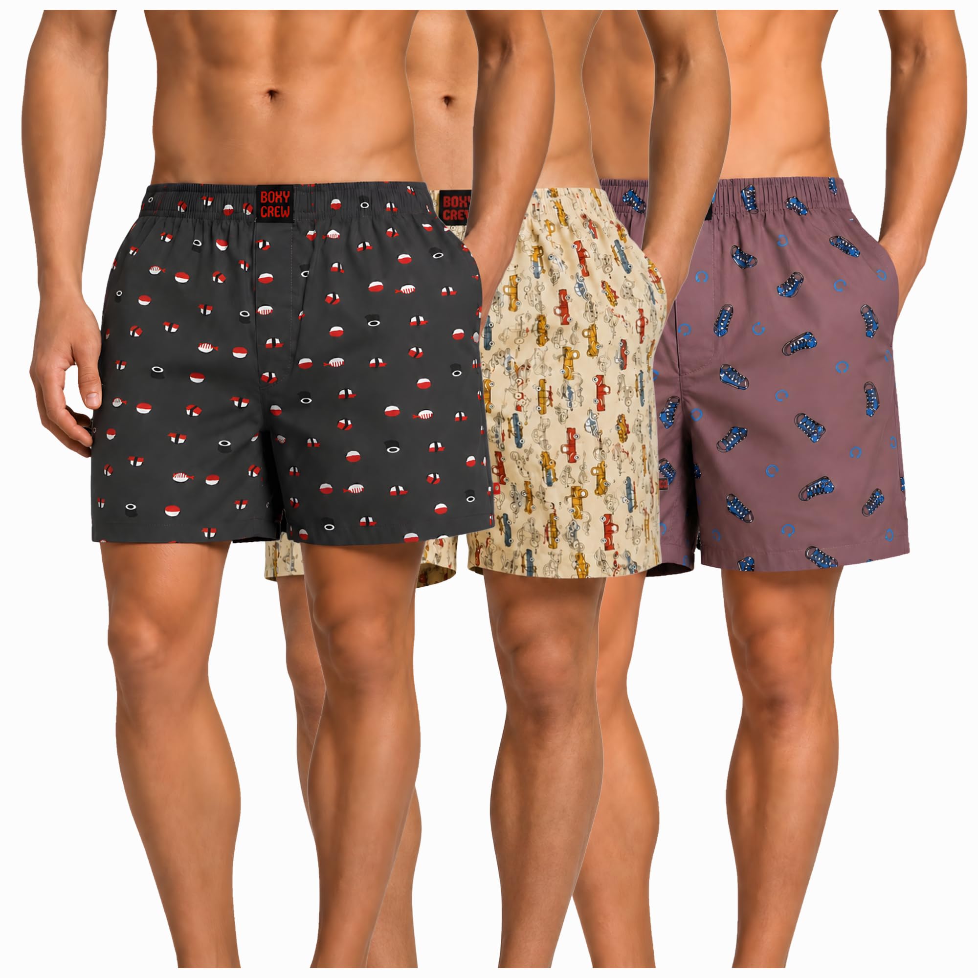 Men's 100% Cotton Boxer Shorts Pack of 3, Charcoal, Beige & Mauve | Woven Boxers with Side Pockets, No-Marks Elastic Waistband, Breathable Relaxed Fit | Style 012-013-015-image-40