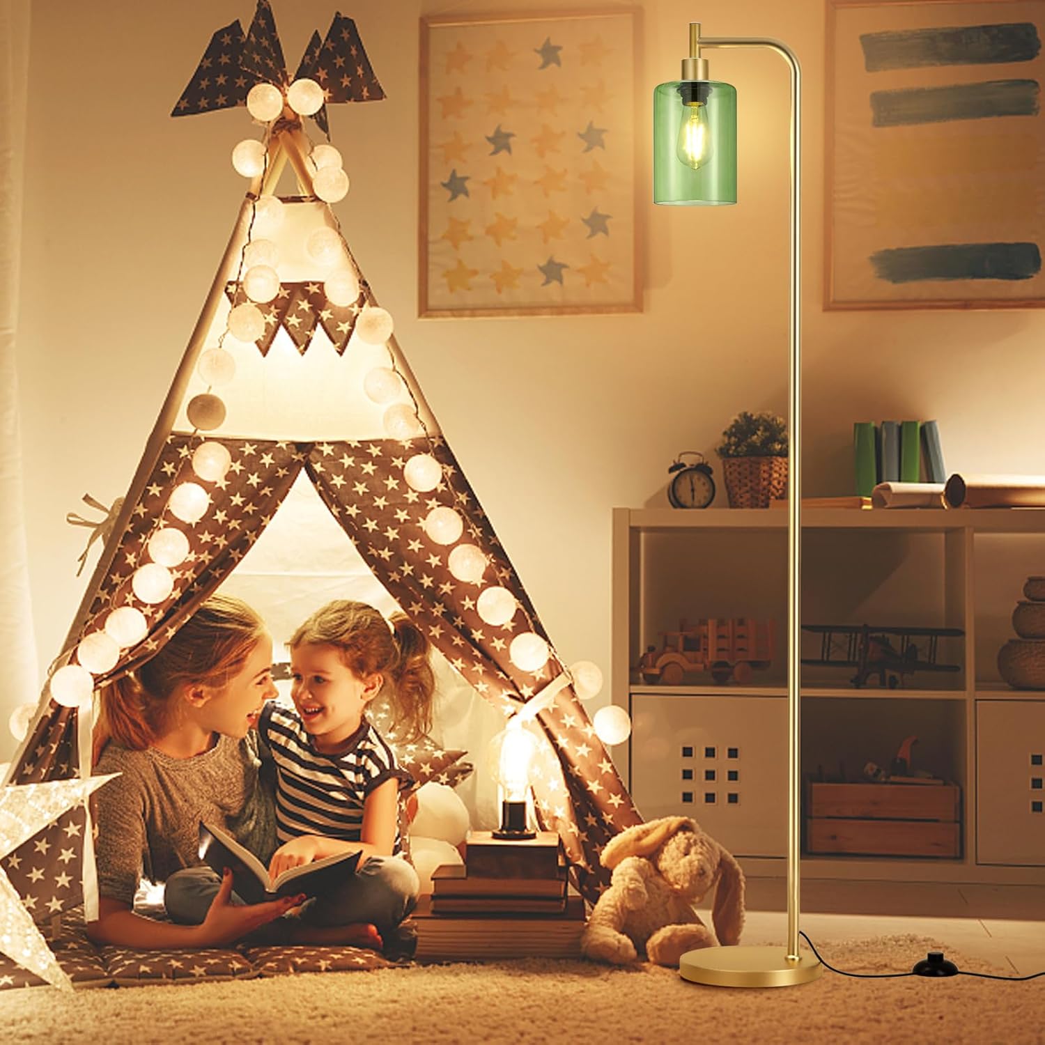 Floor Lamps for Living Room - Industrial Standing Lamp with Green Glass Shade, Modern Gold Floor Lamp with LED Bulbs, Farmhouse Floor Lamp for Bedroom, Tall Lamp for Office