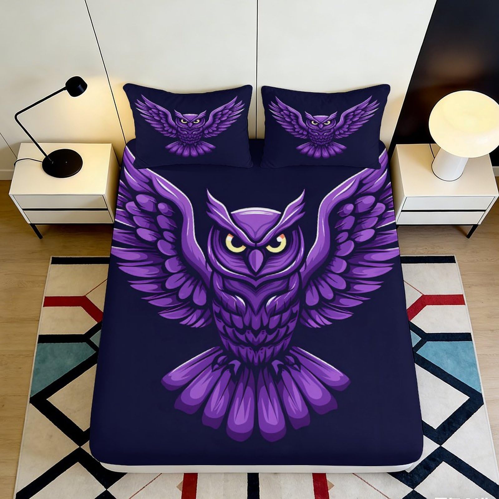 3D Printed Purple Owl Fitted Sheet Microfiber Soft Durable 3D Owl Bed Cover for Bedroom Dormitory Guest Room Mattress Protection Decor 180x200x25cm