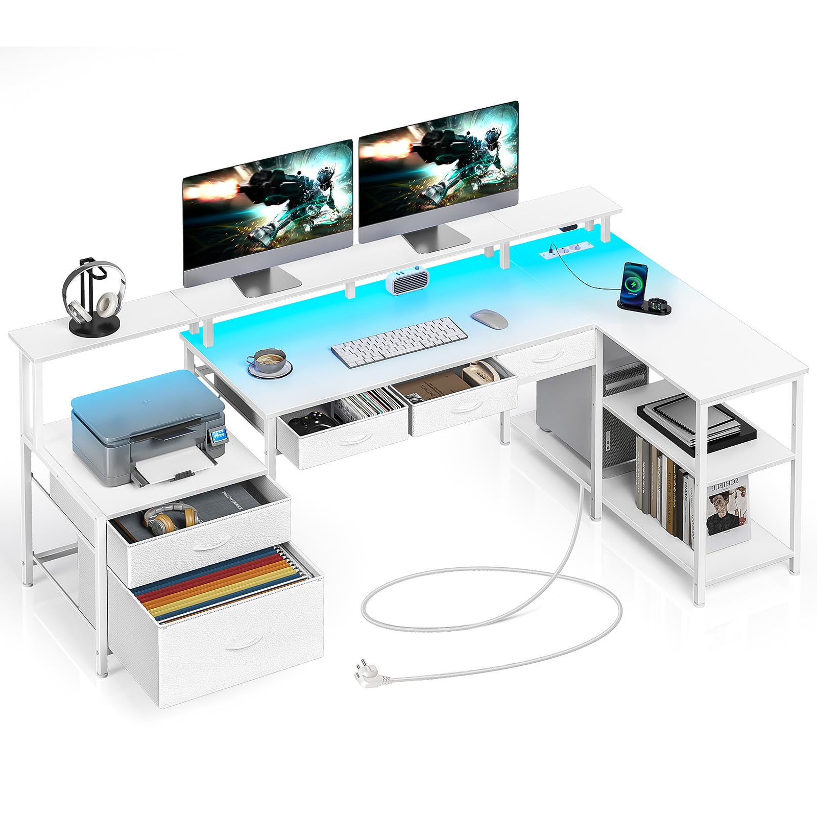 Seventable Schreibtisch L Form, Computertisch mit Steckdose, LED & Monitorständer, Reversibel Eckschreibtisch mit Schubladen, perfekt für Schlafzimmer Büro Wohnzimmer, Weiß