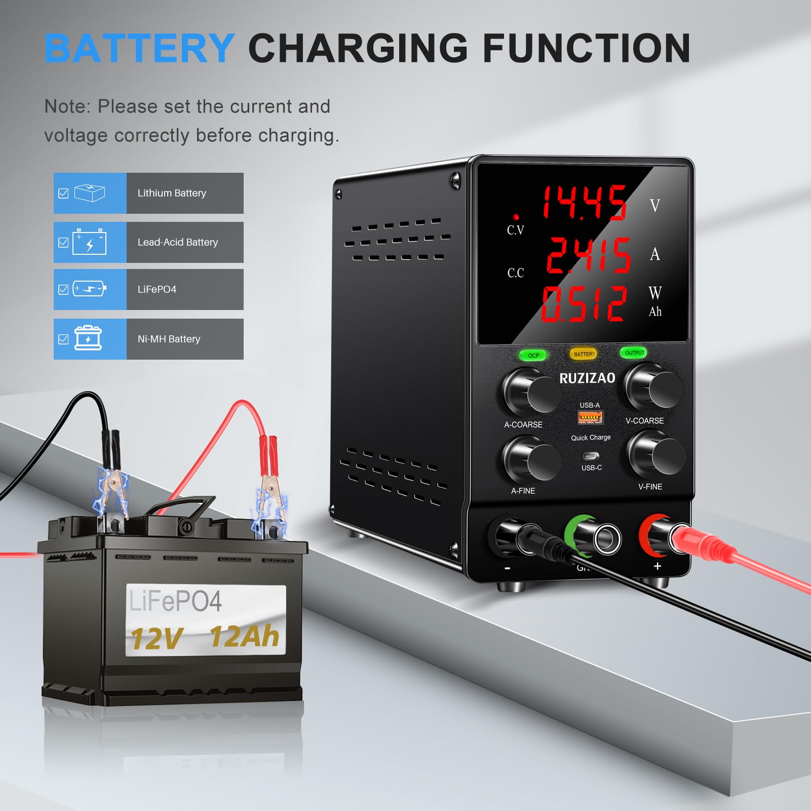Fuente de Alimentación Regulable 30V 10A DC Fuentes de Alimentación de Laboratorio Fuente de Alimentacion de Banco Ajustable con Botón de Carga de Batería, Función OCP, Interruptor de Salida