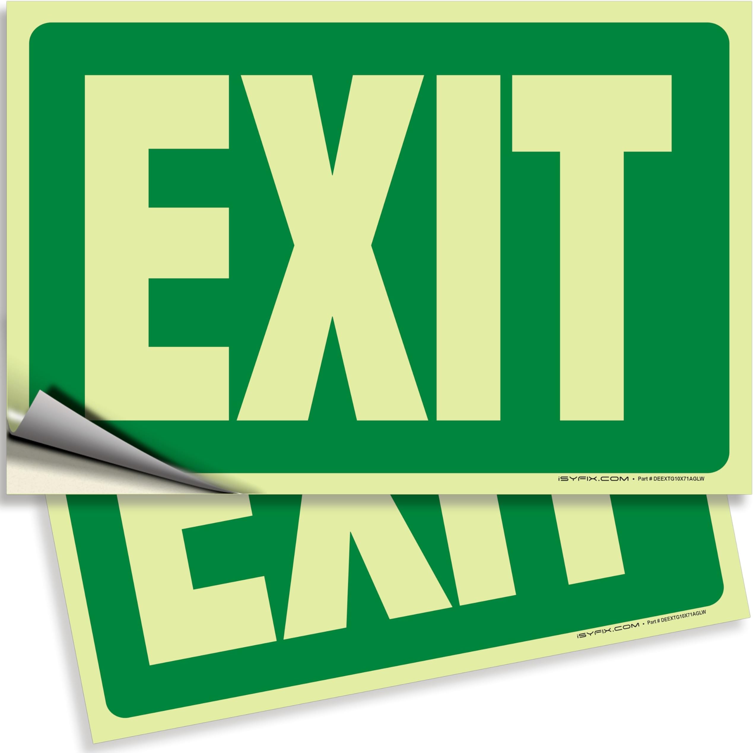 iSYFIX Exit Glow in the Dark Sign Stickers Green – 1 Pack 10x7 Inch – Photoluminescent Vinyl, Laminated for UV, Weather & Fade Resistance, Indoor & Outdoor for Business, School, Office, Warehouse