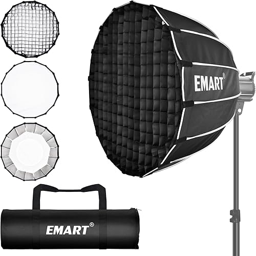 EMART Caja de luz parabólica de 26 pulgadas26.0 in con difusoresrejilla de panalbolsa, montaje rápido Bowens Softbox compatible con cúpula de luz