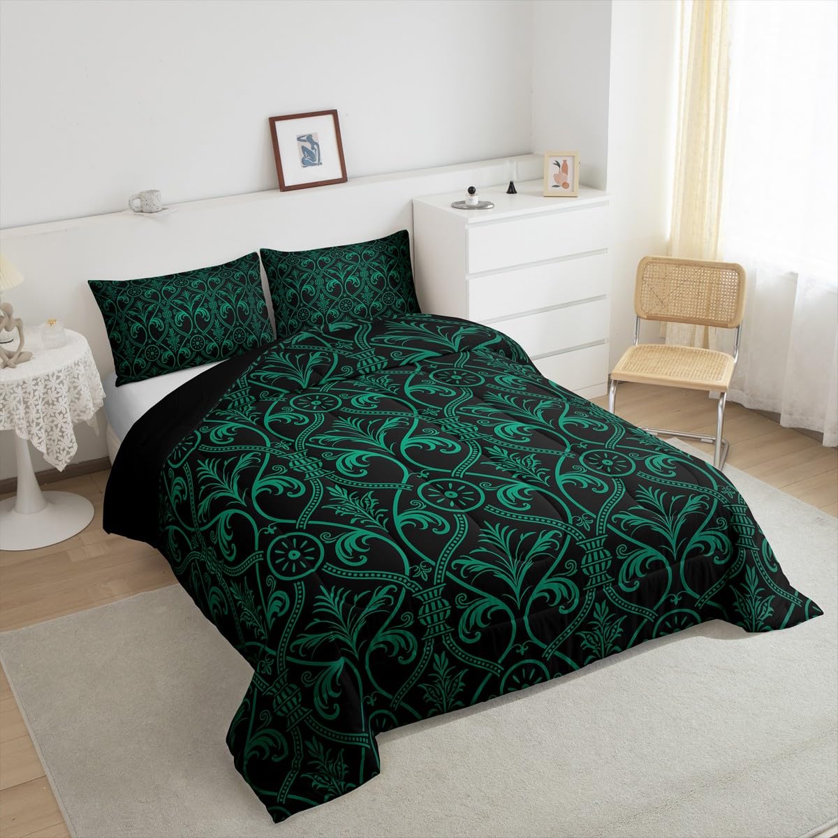 Erosebridal 100 procent katoen volwassenen zwart damast beddengoedset, antiek Victoriaans barok dekbedovertrek, kingsize gotische vintage bloemen dekbedovertrek Boheemse exotische zachte ademende