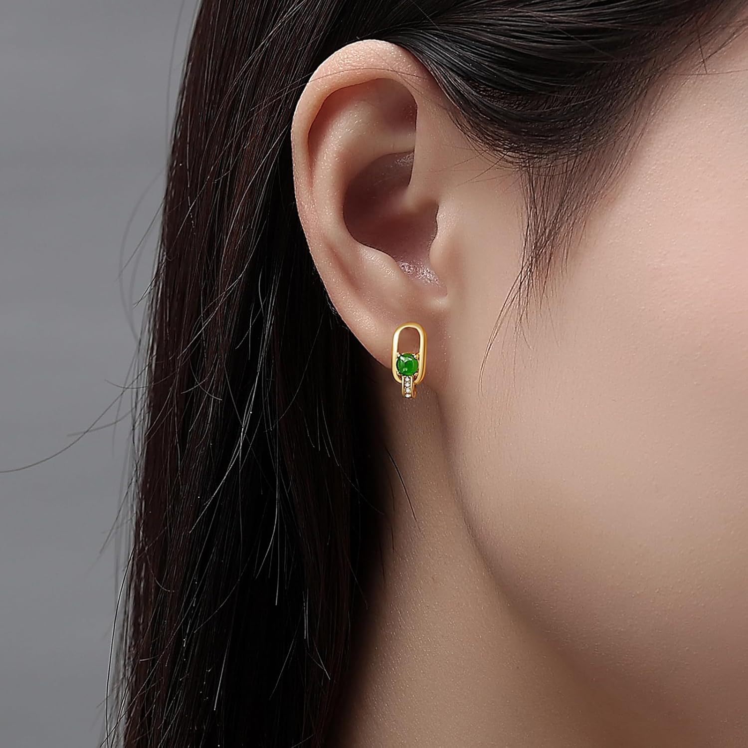 MRW Jade Huggie Hoop Earrings For Women 925 Sterling Silver Gold Plated Green Stone with CZ Accents - Image 3