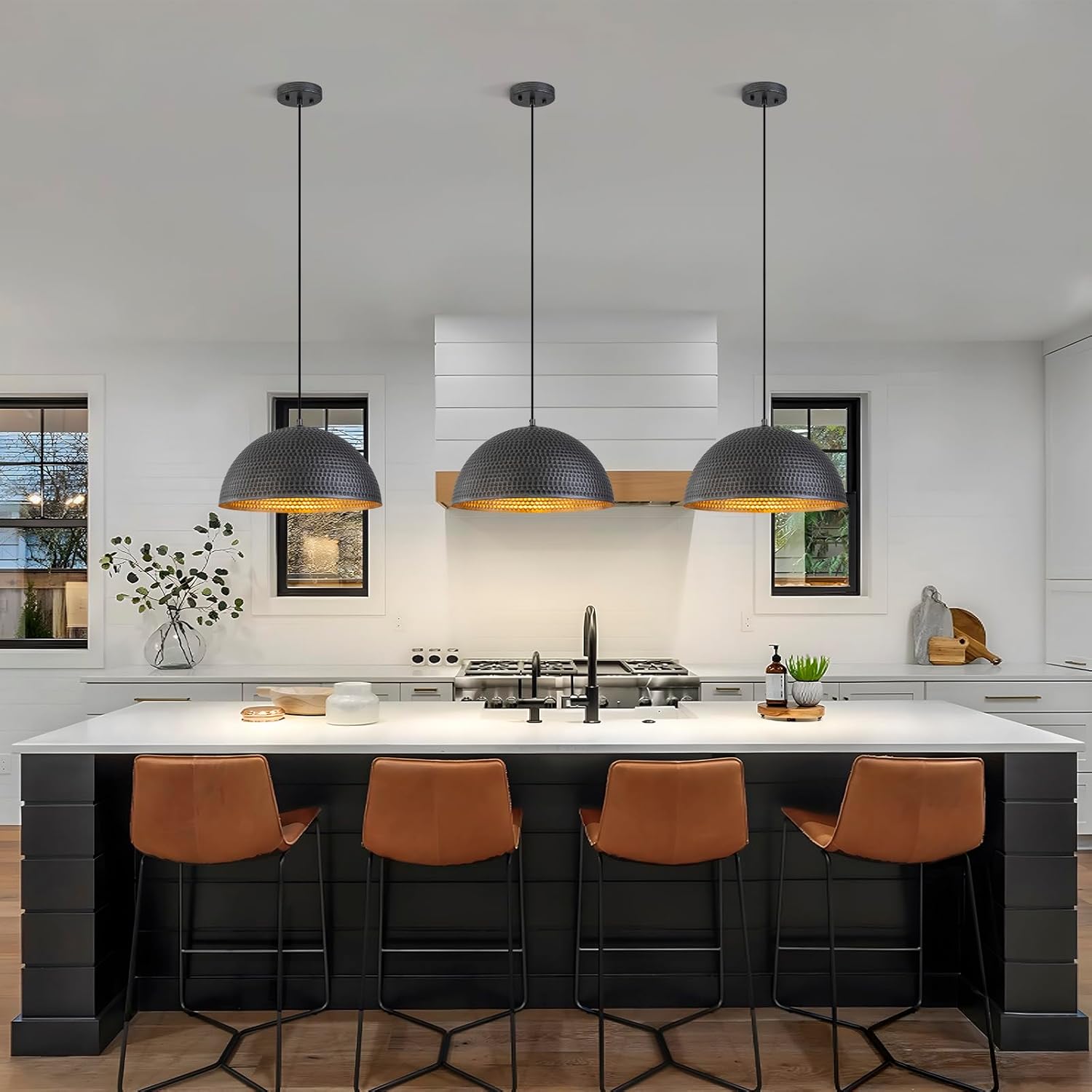 15.7" Farmhouse Pendant Lights Kitchen Island,Black and Silver Hammered Large Industrial Chandelier,Adjustable Metal Dome Pendant Lights for Dining Room,Bedroom,Hallway