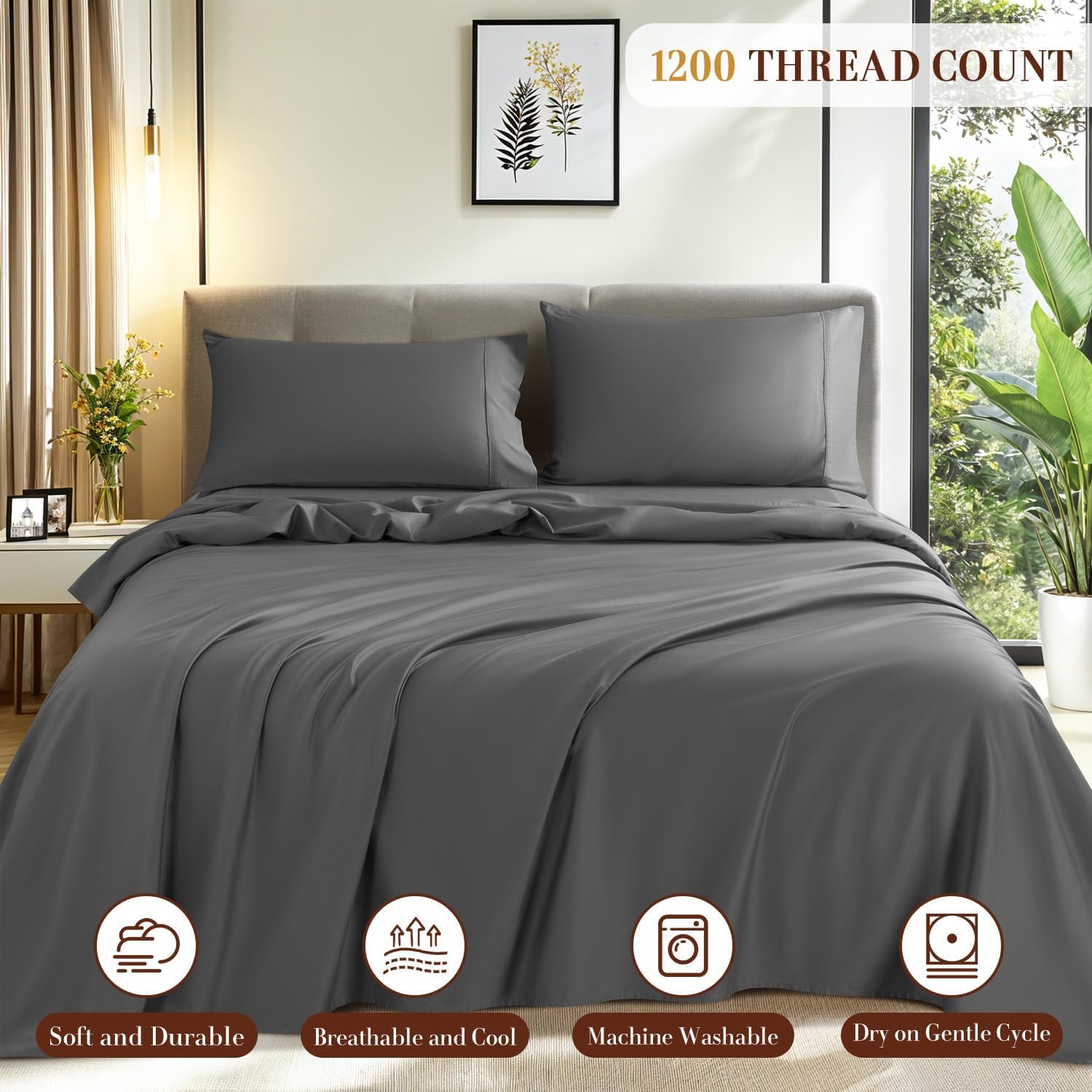 1200 Thread Count Cotton Sheets, 100% Egyptian Cotton Sheet for Queen Size Bed,Very Smooth Soft with 18" Deep Pocket Sheets 4-Pc Sets (Charcoal Grey, Queen)