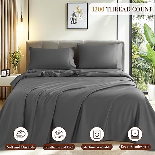 Miniatura 4 de Sábanas de algodón de 1200 hilos, sábanas 100% algodón egipcio para cama tamaño Queen, muy suaves con sábanas de bolsillo profundo de 18 pulgadas,