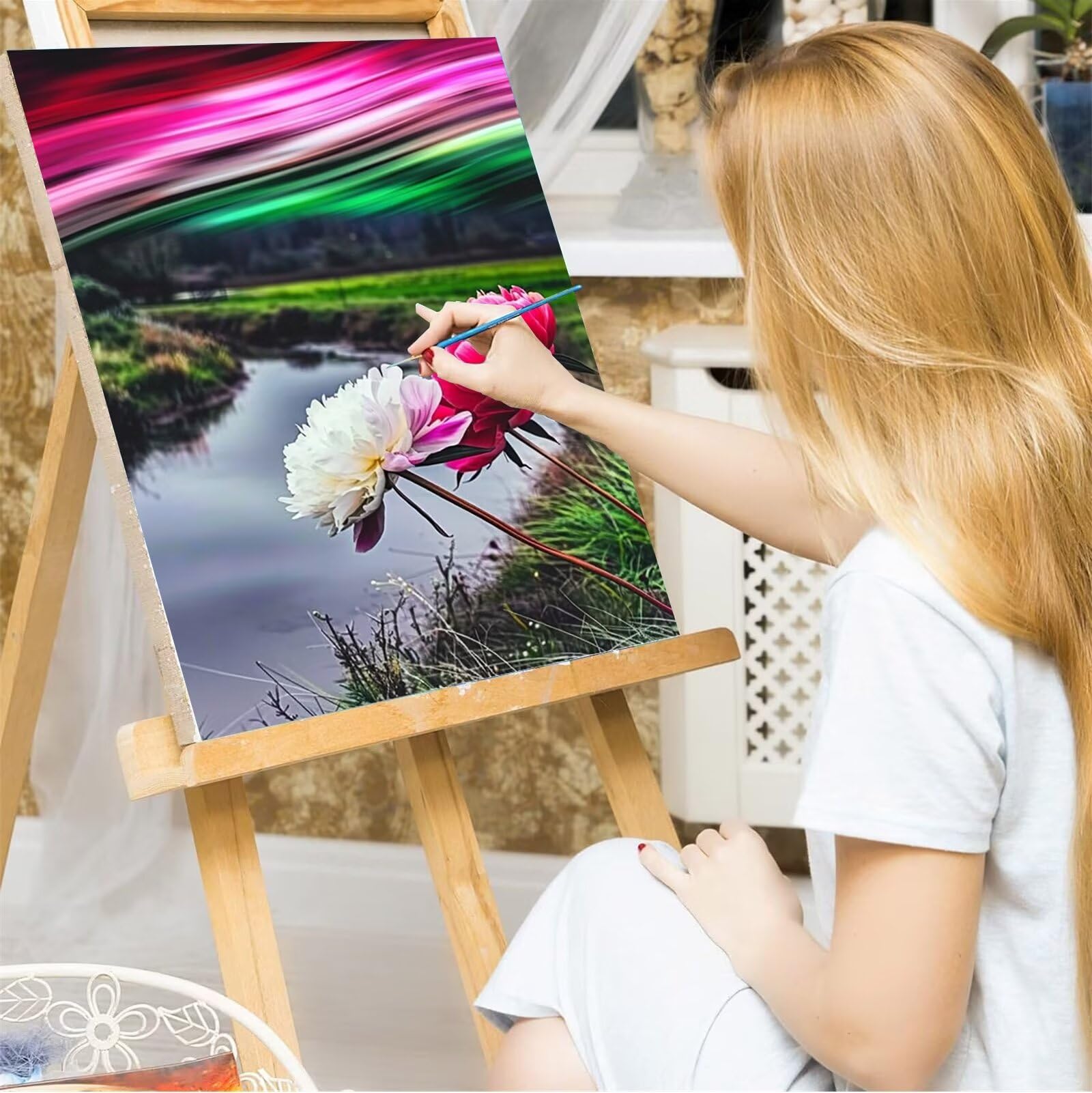 Peepezo DIY Malen nach Zahlen Erwachsene Pfingstrosen Erwachsene Malen nach Zahlen Kits auf Leinwand Garten Malen nach Zahlen Kunsthandwerk Geschenk für Home Wall Deco 60x80cm (mit Rahmen)