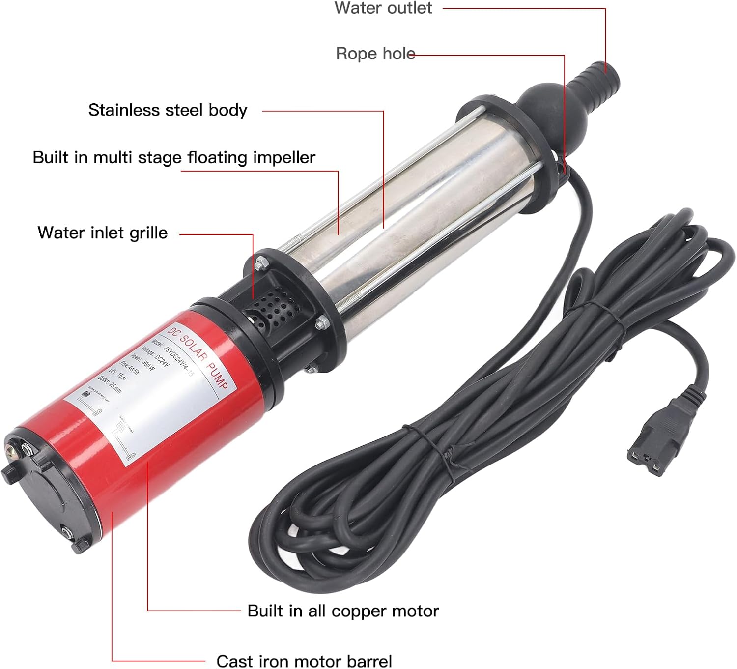 Eujgoov DC24V 300W DC Deep Well Pump DC Deep Well Pump 15m Lift Agricultural Irrigation Supplies for Households Farms Camping Vehicles