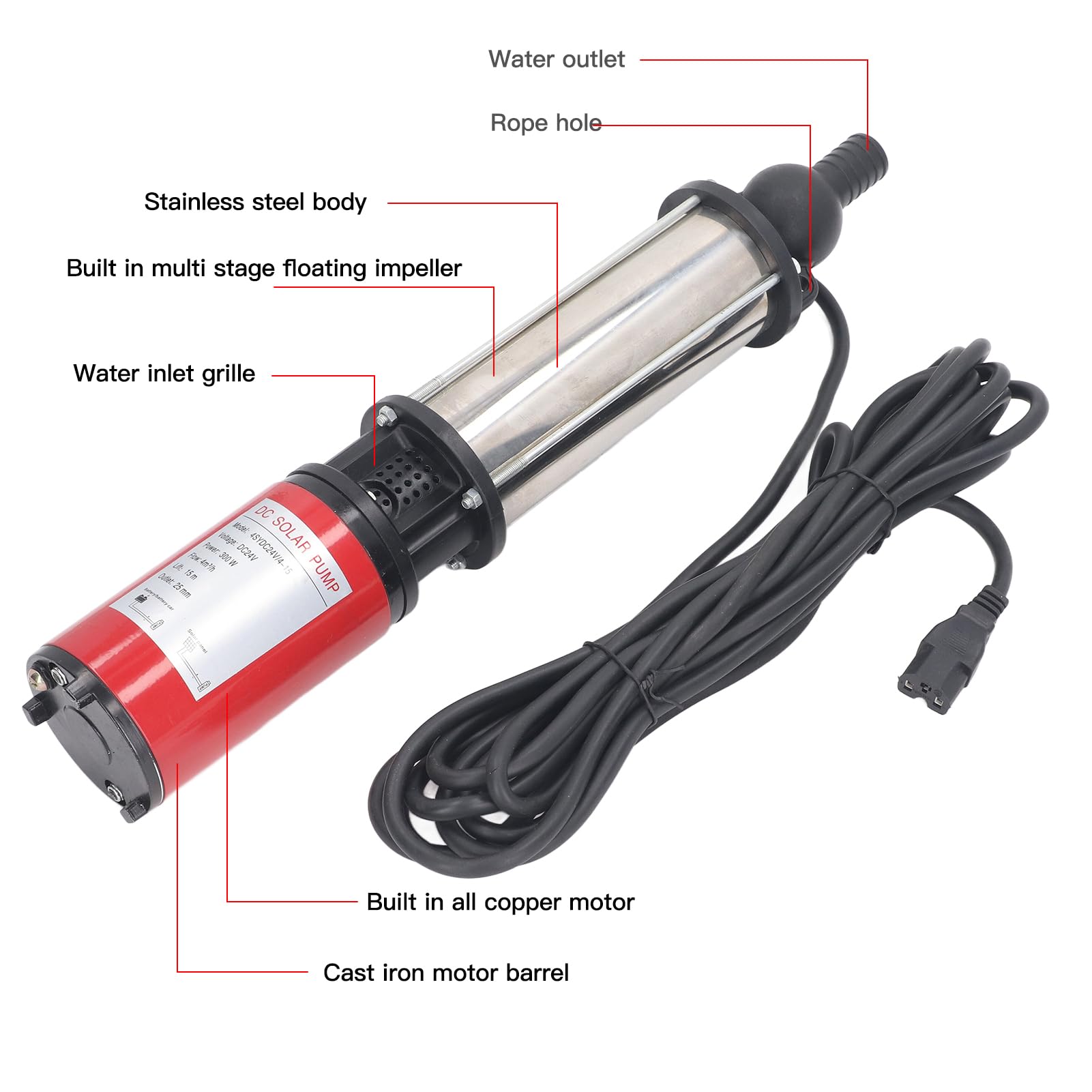 Marhynchus Bomba de Pozo Profundo CC, Bomba de Agua Solar de 24 V, 300 W, Sumergible con Motor de Cobre de Acero Inoxidable, Elevación de 4 M3 H, 15 M, Salida de 1 Pulgada para Hogares, Granjas,
