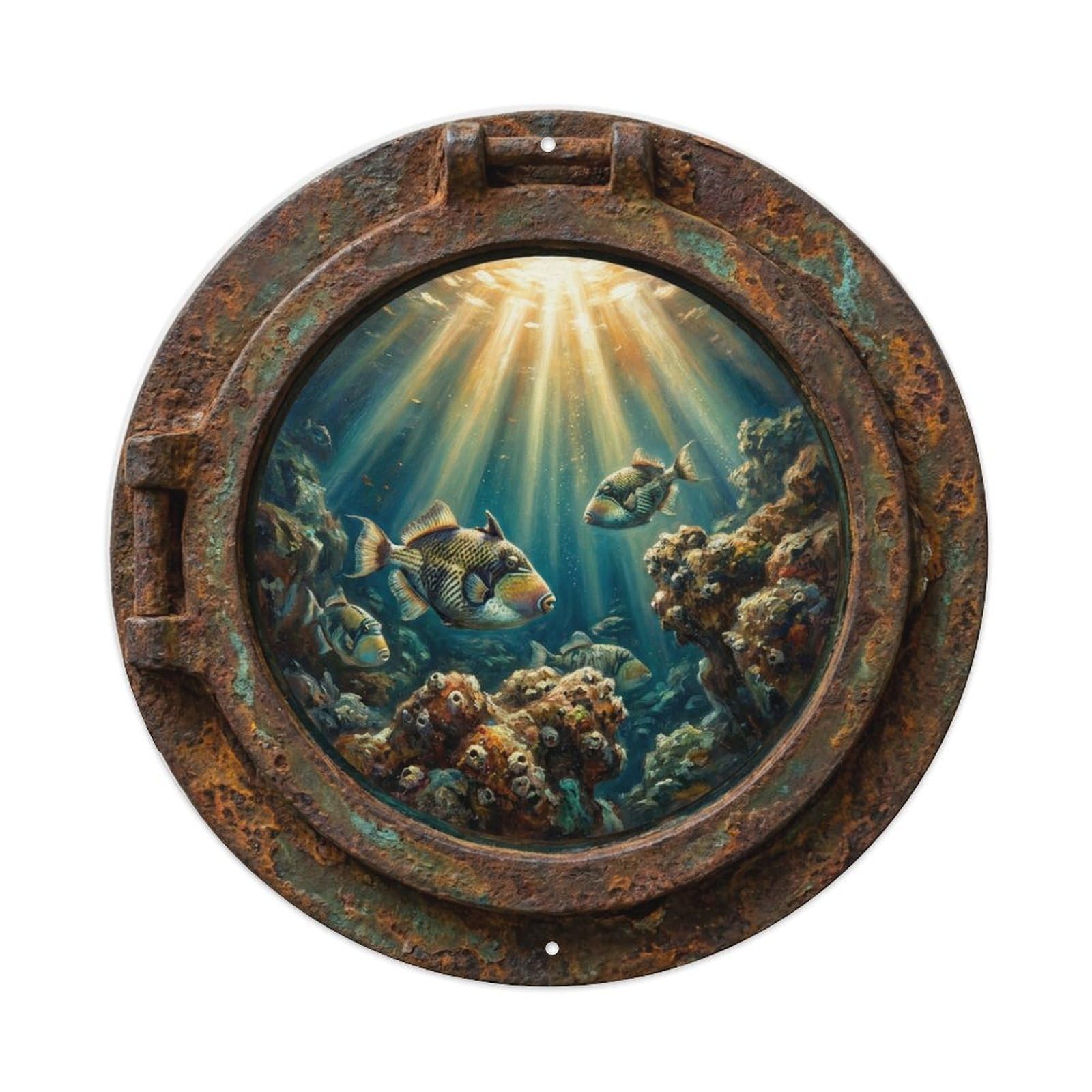 Fyrn Style Metal Tin Sign Vintage Porthole Triggerfish Reef Ship Window Undersea Deep Sea