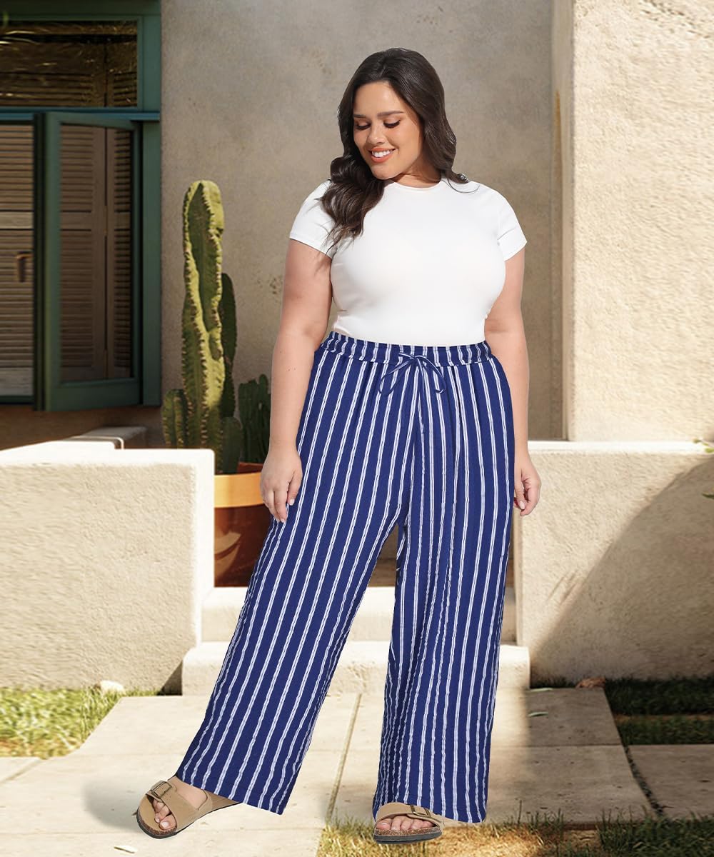 TIYOMI Plus Size Pants Womens Summer Palazzo Pants Drawstring Wide Leg Lounge Pant Casual Beach Trousers with Pockets XL-5XL - Image 2
