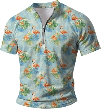 Mens Hawaiian Shirts Short Sleeve Quarter Zip V Neck Tropical Palm Tree Boho Casual T-Shirts
