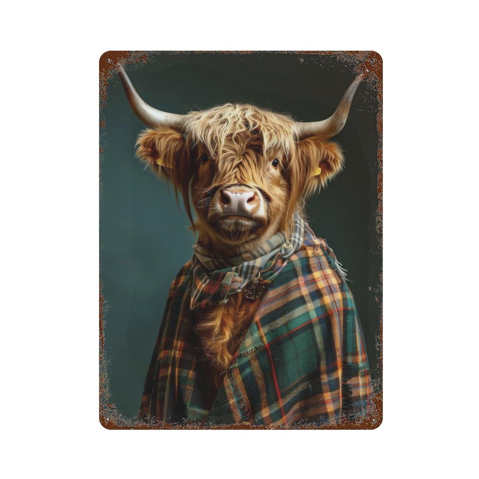 Vintage Rust Metal Sign Highland Cow in A Cape 15.7"x11.8", Old School Wall Decor for Garage, Bar And Workshop Decor