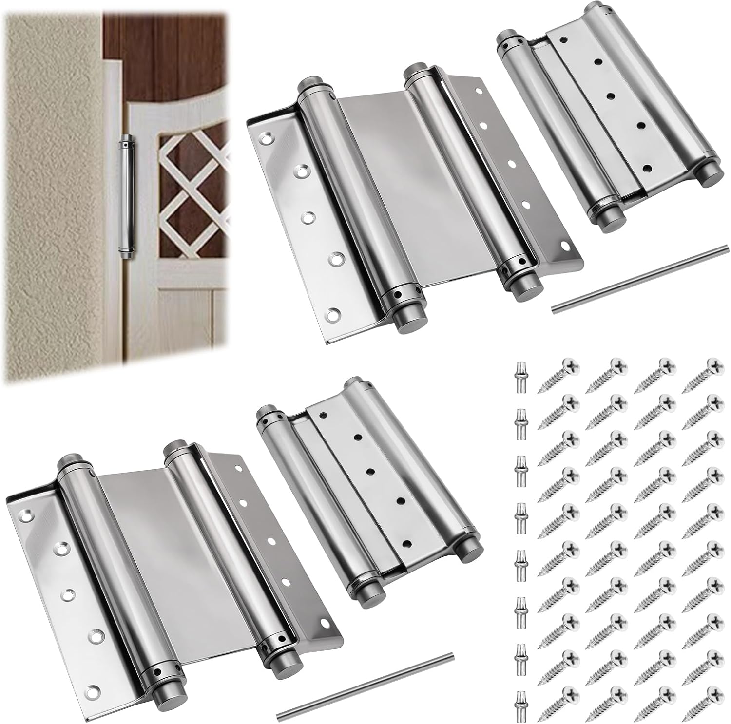 6" Double Action Spring Hinges, 4 Pack Stainless Steel Self Closing Door Hinges for Indoor/Outdoor Saloon Cafe Pub Swinging Doors, Including Pins and Screws