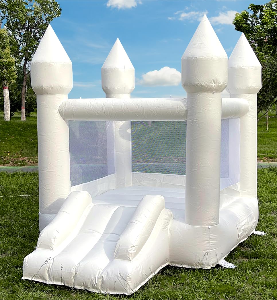 Bounce House 6FTx8FT White Bounce House with Slide 440W UL Air Blower Family Backyard Bouncy Castle Idea for Kids