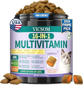 Taurine for Cats Vitamins Treats, 16 in 1 Cat Multivitamin 500 Crunchy & Krill Chews Support Immune, Joint, Digestion, Skin & Coat, Cat Vitamins Taurine Supplements for Daily Healthy 90-Day Supply