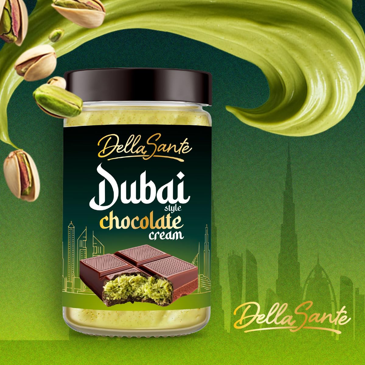 DellaSante – Krem pistacjowy Dubai Style 8x190g, z ciastkami Kadayif, słodka pasta do smarowania, kremowa pasta pistacjowa do deserów i ciast, słodki orientalny krem