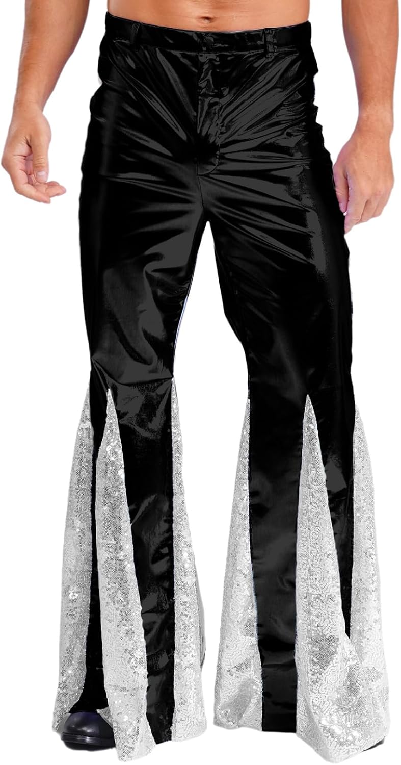 Jelory Mens Sparkling Metallic Disco Pants Groovy Bell Bottom Style Costume Accessory for Halloween and Cosplay
