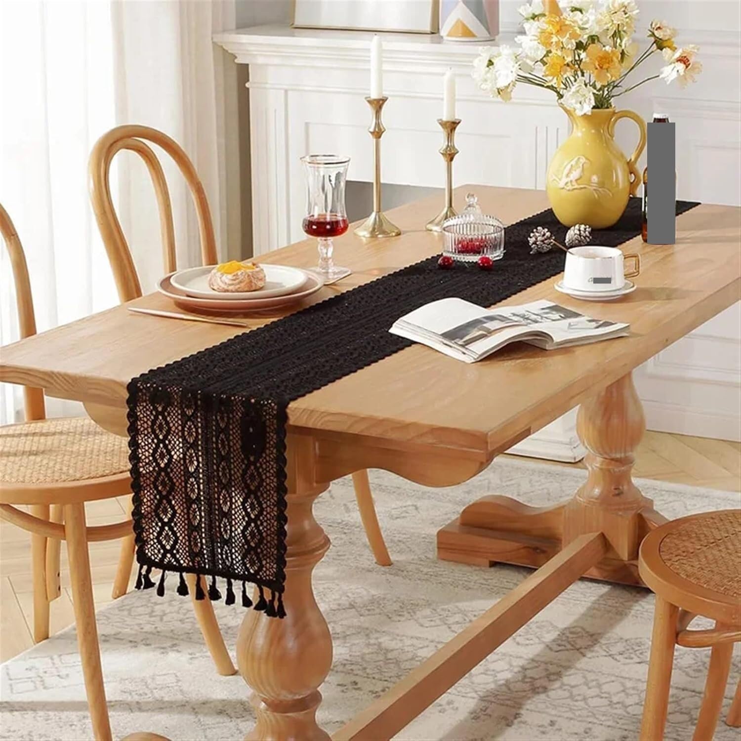 Koronkowy bieżnik na stół, Świąteczny bieżnik szydełkowy z koronką i frędzlami mieszanki bawełny(Table Runner E,24x180cm)