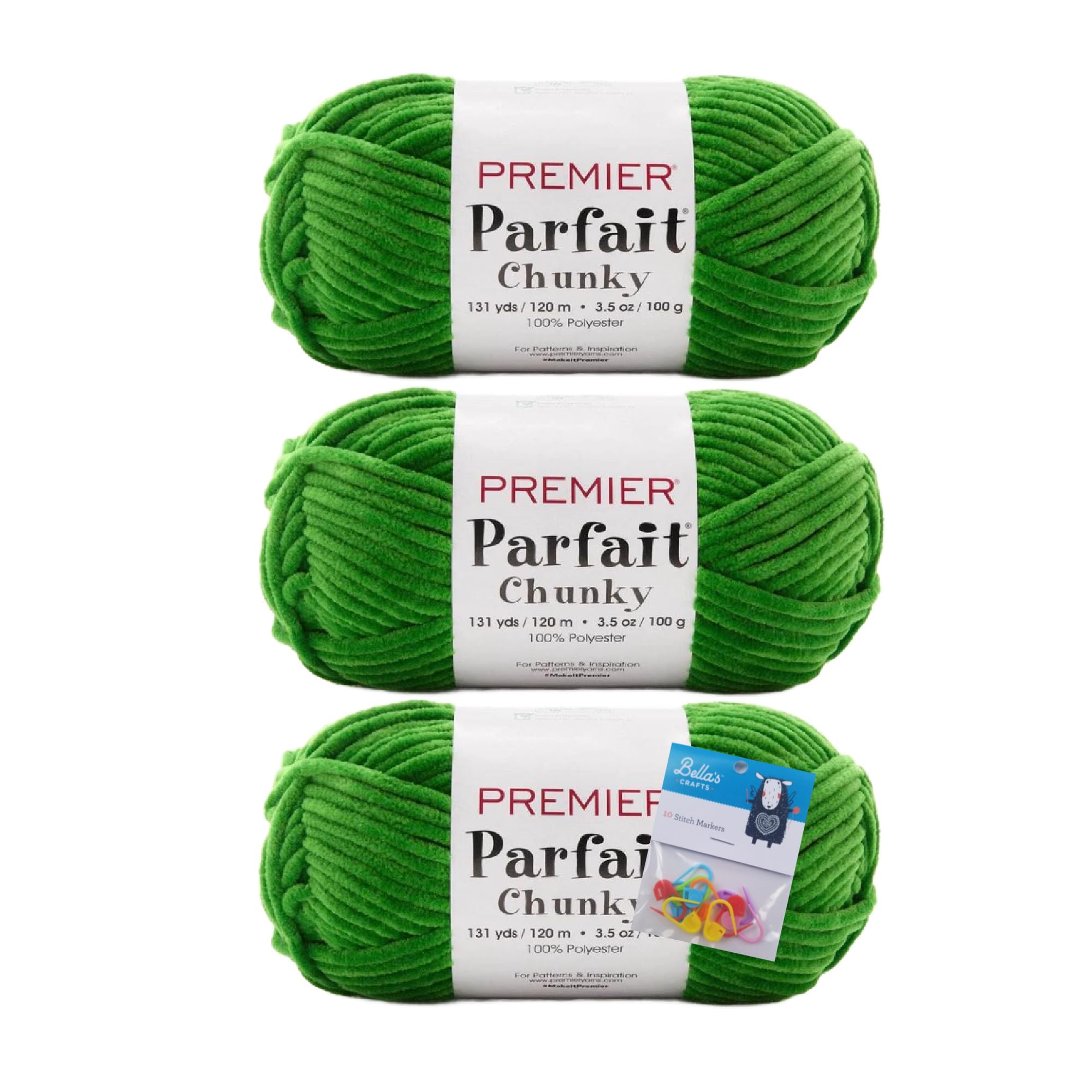 Premier Parfait Chunky Chenille Yarn 3 Pk Bundle with Bella's Crafts Markers (Sour Apple) โ image 1