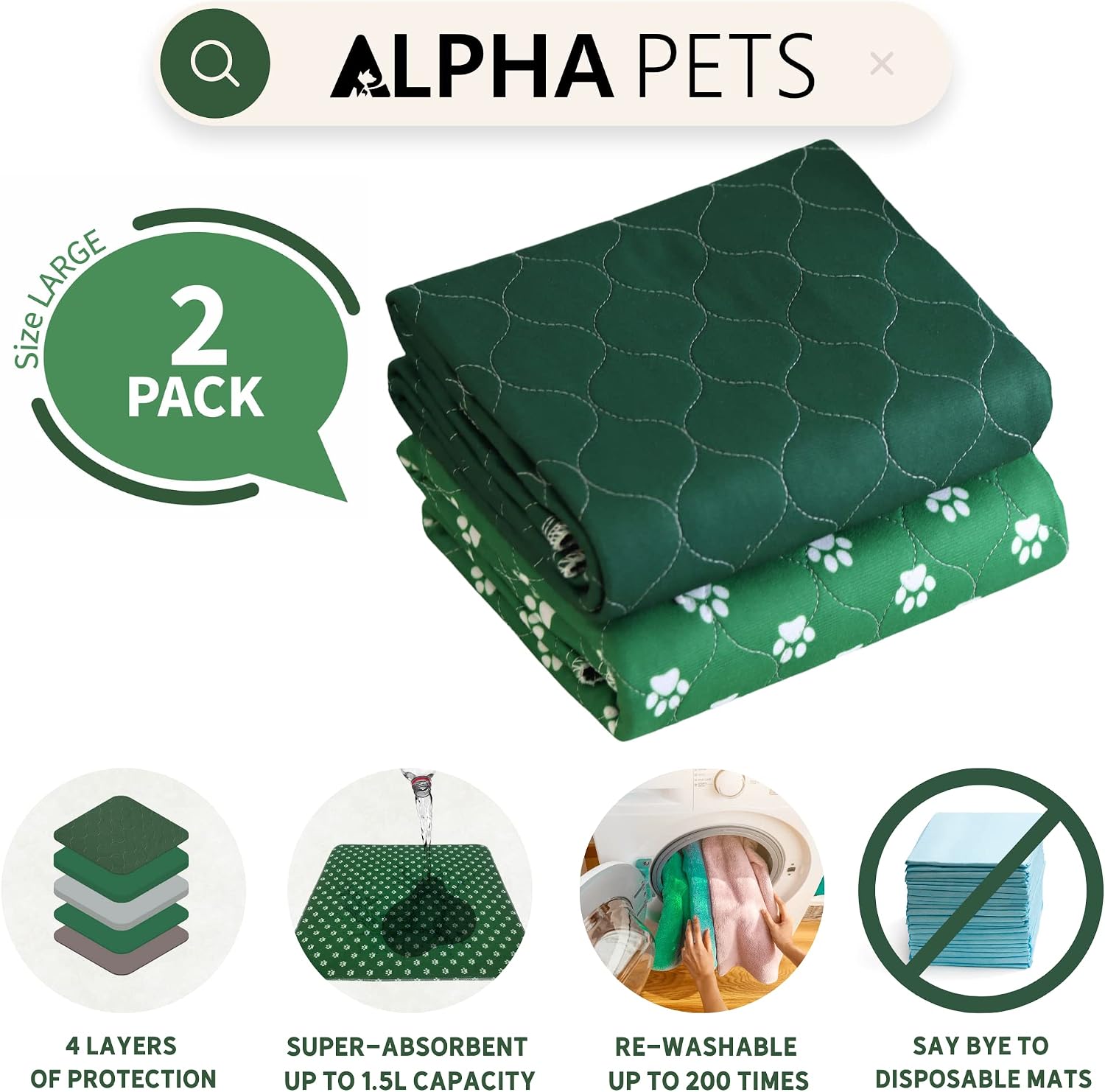 Alpha Pets Reusable Puppy Pads, Pack of 2 LARGE 90x80cm Washable & Waterproof Dog Training Pads, Incontinence Pee Mats - Image 4