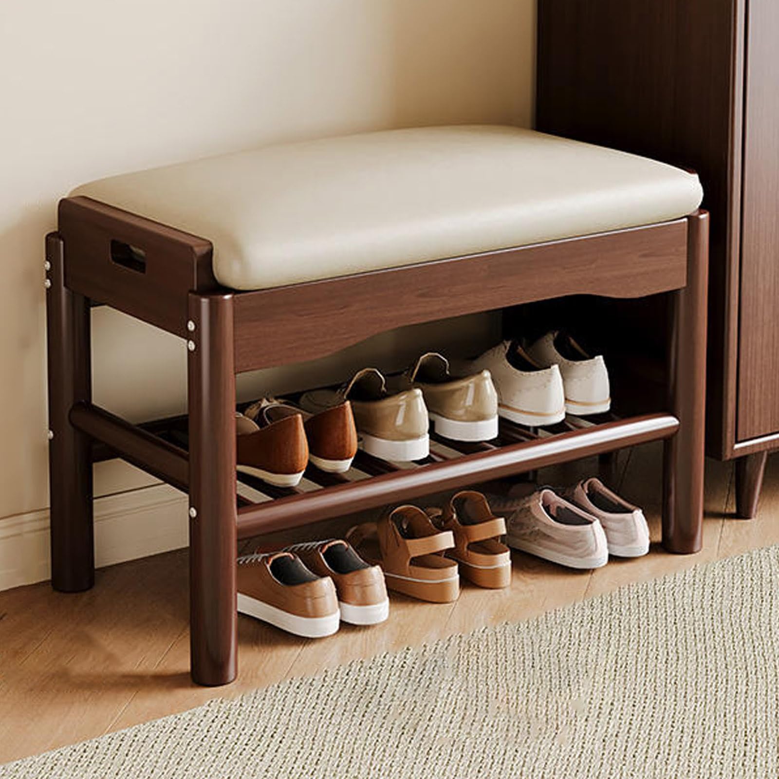 Banc à chaussures en bois massif marron de 60 cm pour entrée chaleureuse