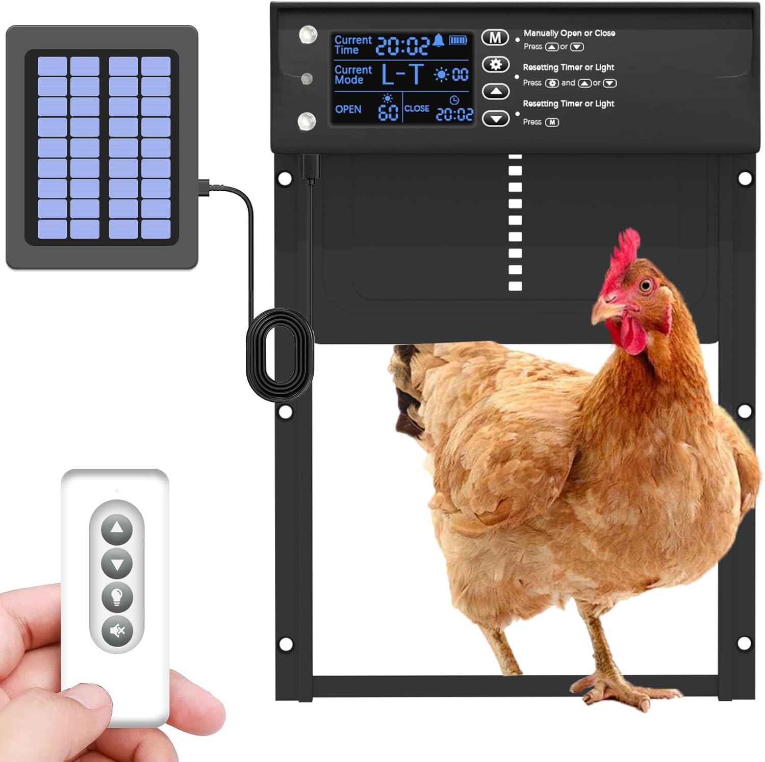 Automatic Chicken Coop Door, Solar Powered Aluminum Chick Coops Doors Opener with Timer & Light Sensor, Anti-Pinch, Remote Control 4 Modes Auto Coop Doors for Chicken