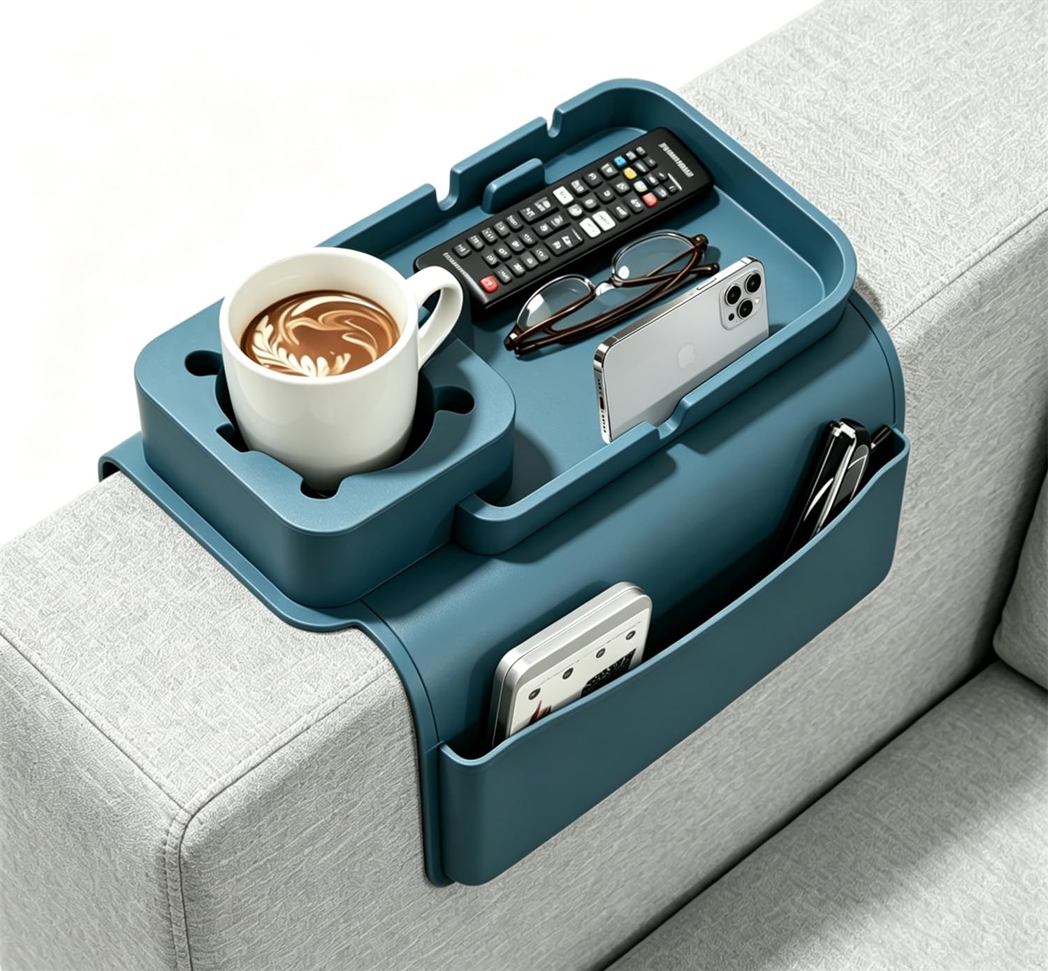 Silicone Sofa Arm Caddy with Extra Large Cup Holder & Phone Tablet Stand, Non-Slip Heatproof Armrest Organiser with Multi Pockets for Remotes, Drinks, Snacks & Glasses (Navy Blue)