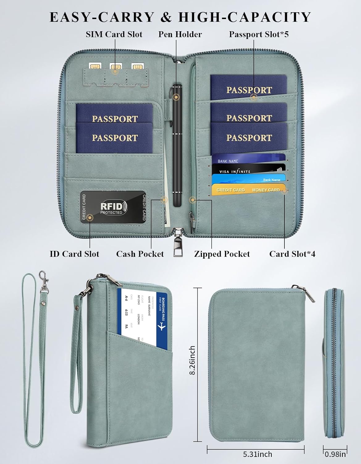 Family Passport Holder Wallet RFID Travel Document Organizer for Women Men, Portable Case Cover for Cards, Boarding Pass with Wrist & Neck Strap, Airtag Pocket, Travel Essentials Gifts (Blue, 1pack) - Image 3