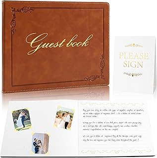 8x10 Leather Guest Book and Standup Sign Set, Gold Foiled Cover Registry Book for Wedding Reception, Retirement Party, Vacation Homes and Events, 120 Sheets (Brown)