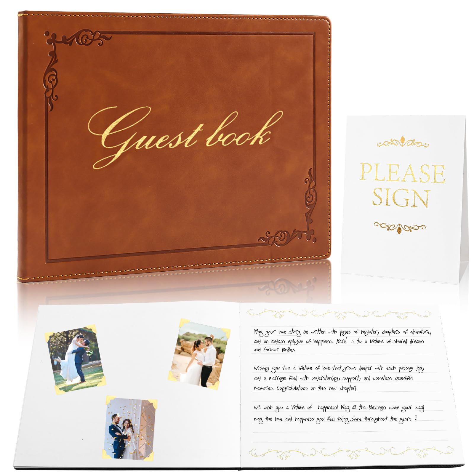 Gästebuch und Stand-up-Schilder-Set, Leder, 20,3 x 25,4 cm, Goldfolie, Registrierungsbuch für Hochzeitsempfang, Ruhestandsfeier, Ferienhäuser und Veranstaltungen, 120 Blatt (braun)