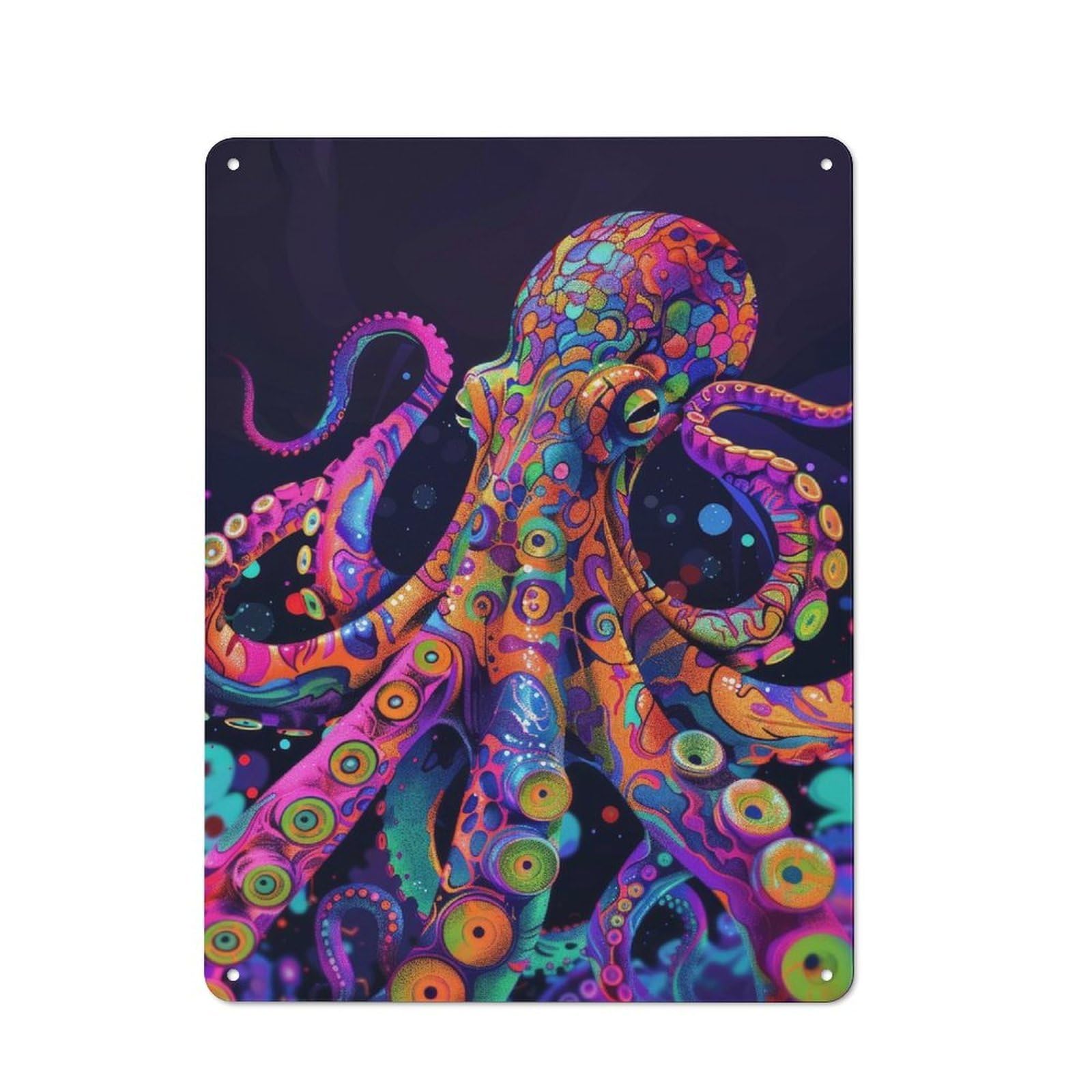 Junmoney Style-9 Psychedelic Neon Octopus Printed Metal Sign 40X30cm For Café Or Home Bar, For Kitchen And Home Bar Decor, For Cafés, Pubs And Restaurants