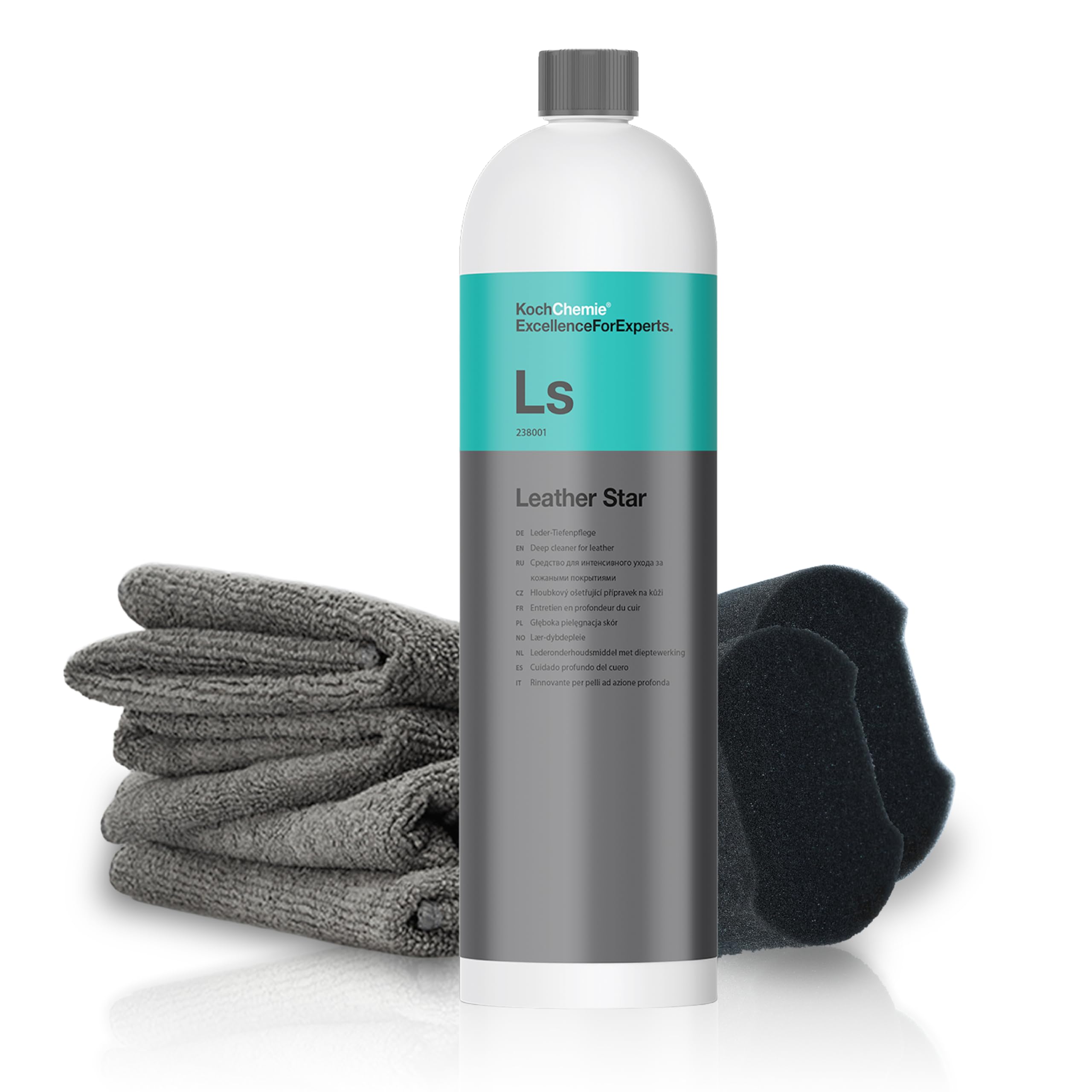 Lederpflege Set | Koch Chemie Leather Star Leder Tiefenpflege Seidenmatt 1l + Auftragsschwämme + Mikrofasertücher | Pflegemittel für Autositze Lenkrad Sofa Couch | Pflege für Auto Motorrad & Haushalt