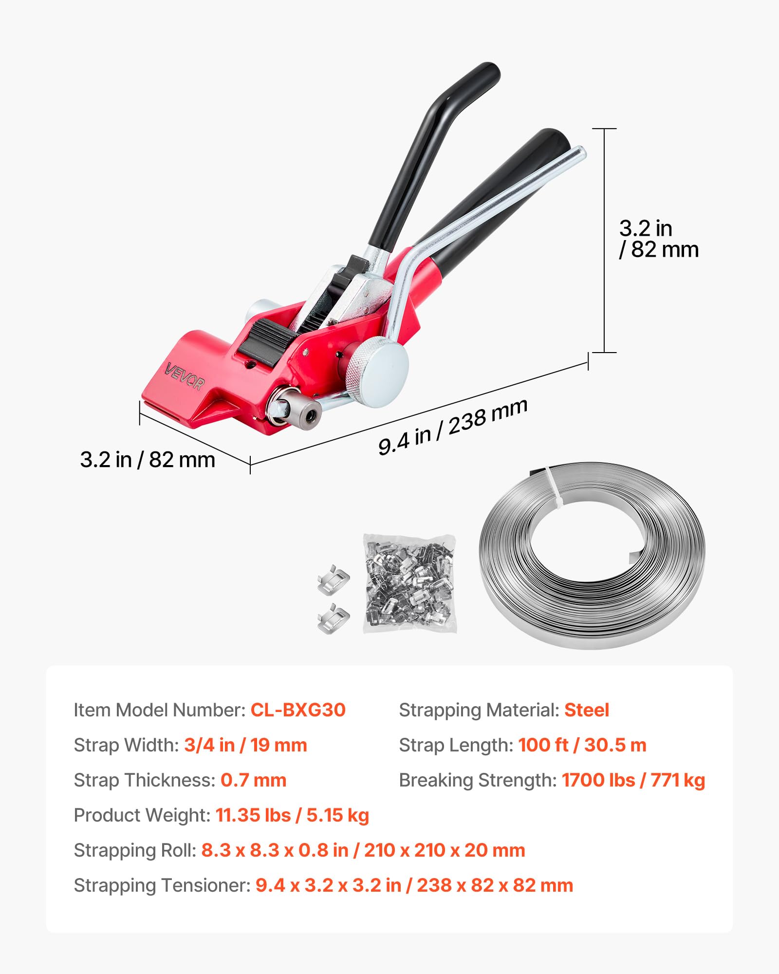 VEVOR 3-tlg. Stahlband Umreifungsset, Manuelles Umreifungsgerät mit 30,5 m Metallband, 100 Klammern und Schneider