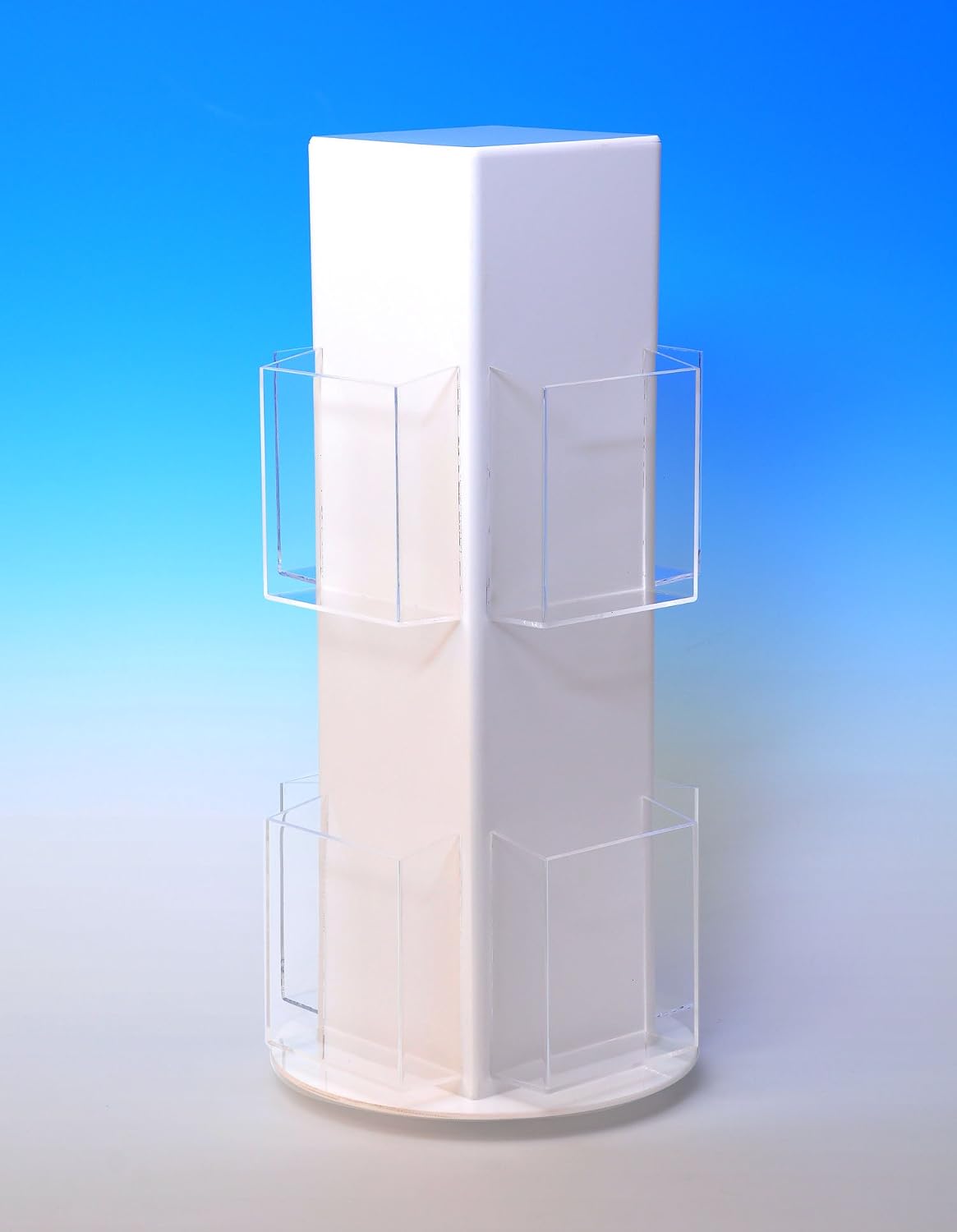Eight Pocket Brochure Rotator | Two Tiers, Each with Four Pockets for 8-1/2 x 11 Literature | Made of White and Clear Acrylic