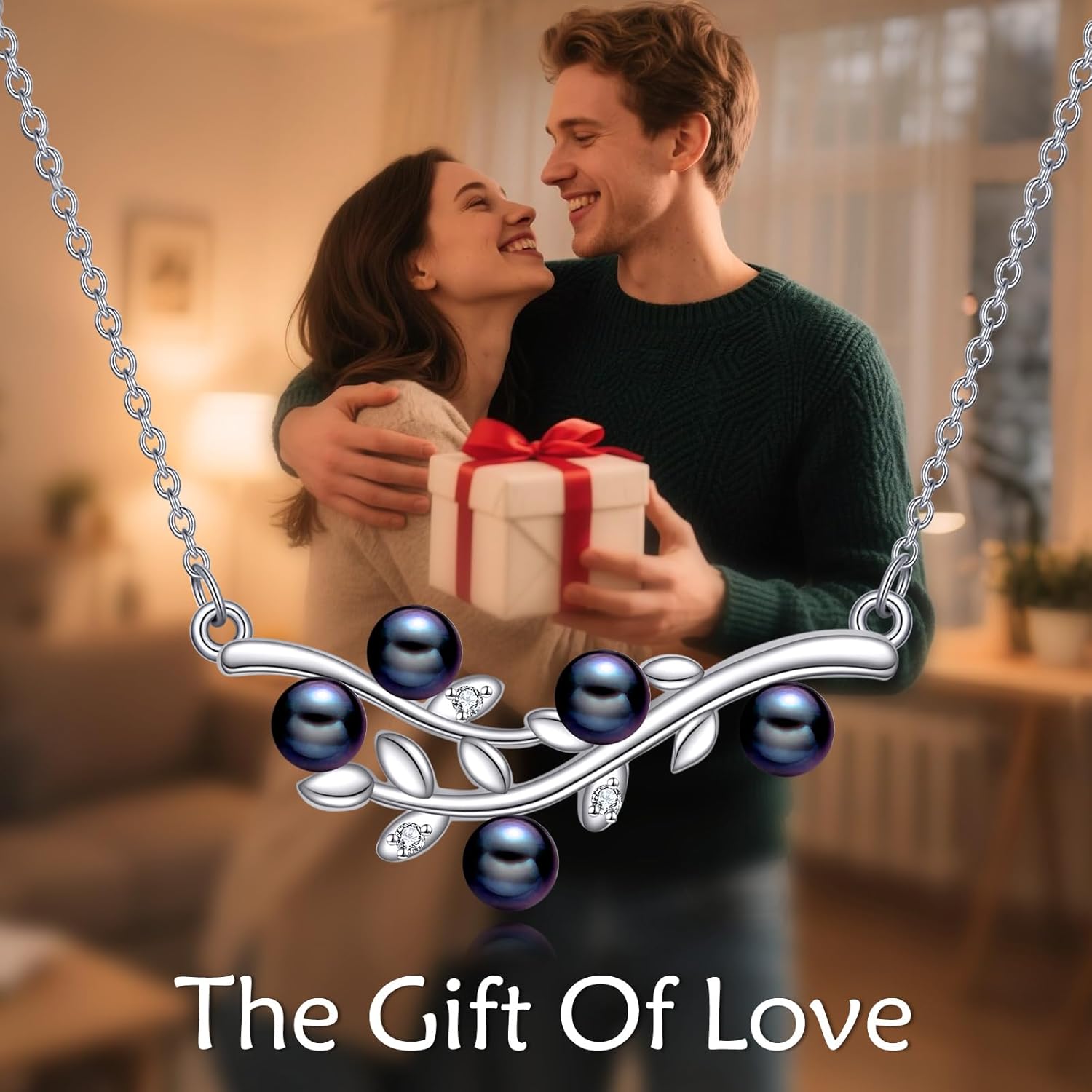 4mm Tahitian Black Pearl Necklace, 925 Sterling Silver Leaf Art Deco Jewelry With Lab Created Diamonds, Mother's Day Anniversary Birthday Gifts For Women Wife Mother