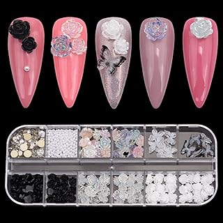 1 Box White Black 3D Nail Decoration Flower Flat Back Lace Pattern Elegant Butterfly Charms Glitter Roses with Clear Rhinestones Pearl Beads Size Mix Set