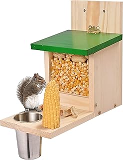 Yorkmills Squirrel Feeders for Outside, Squirrel Feeder House Box Wooden Chipmunk Picnic Table Feeder Bench, Squirrel Feeding Stations with Green Cover and Water Cup for Garden Back Yard