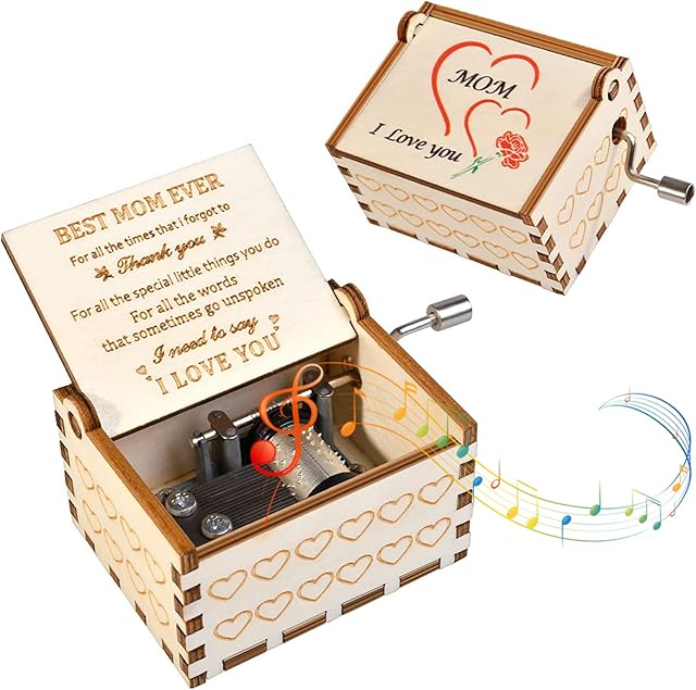 CYCFMYYLY Gifts for Mom Music Box, Birthday Present for Mom Exquisite Things for Dear Mom Hand Crank Wooden Music Box, You Are My Sunshine Music Box