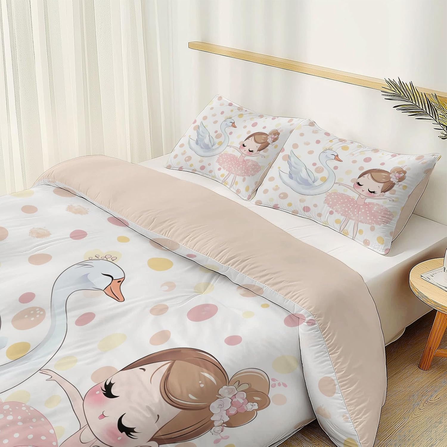 Duvet Cover Queen Size Cartoon Swan Girl Printed on Pink Comforter Cover Reversible Bedding Set with Zipper Closure 3Pcs Soft Breathable Microfiber Quilt Cover