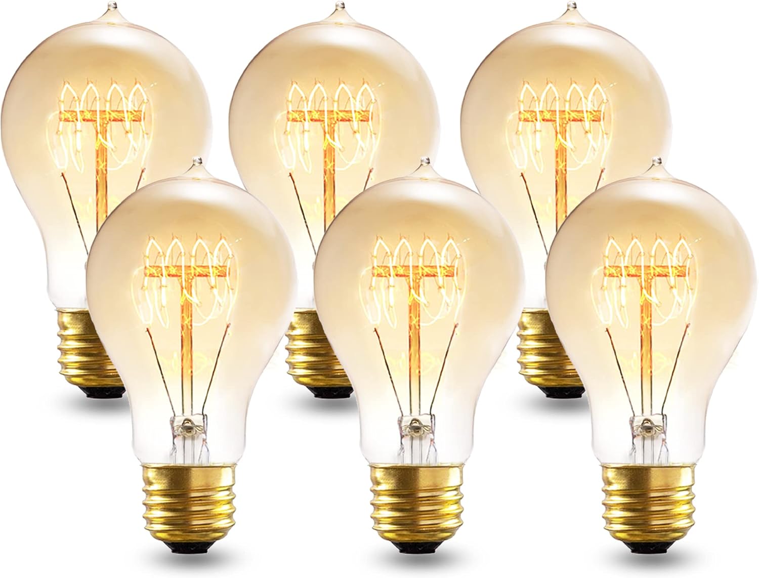 Incandescent Light Bulbs 40W，A19 Vintage Style Edison Light Bulb, 240 Lumen Dimmable 120V E26 Base Amber Glass Retro Bulb Old Fashioned, Squirrel Cage 2200K Warm Yellow Decorative Lamp, 6Pack