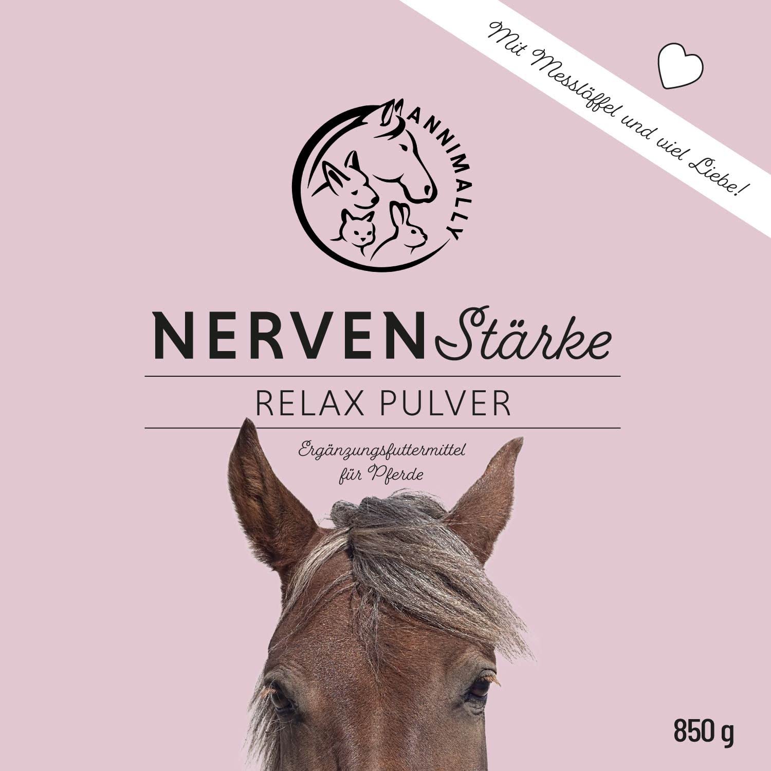 Annimally Nervenstärke - Pferde Relax Nerven Pulver 850g zur Beruhigung beim Pferd - Nervenkräuter mit Magnesium, Tryptophan, Baldrian, Passionsblume & Hanföl gegen Angst, Stress & für Transport