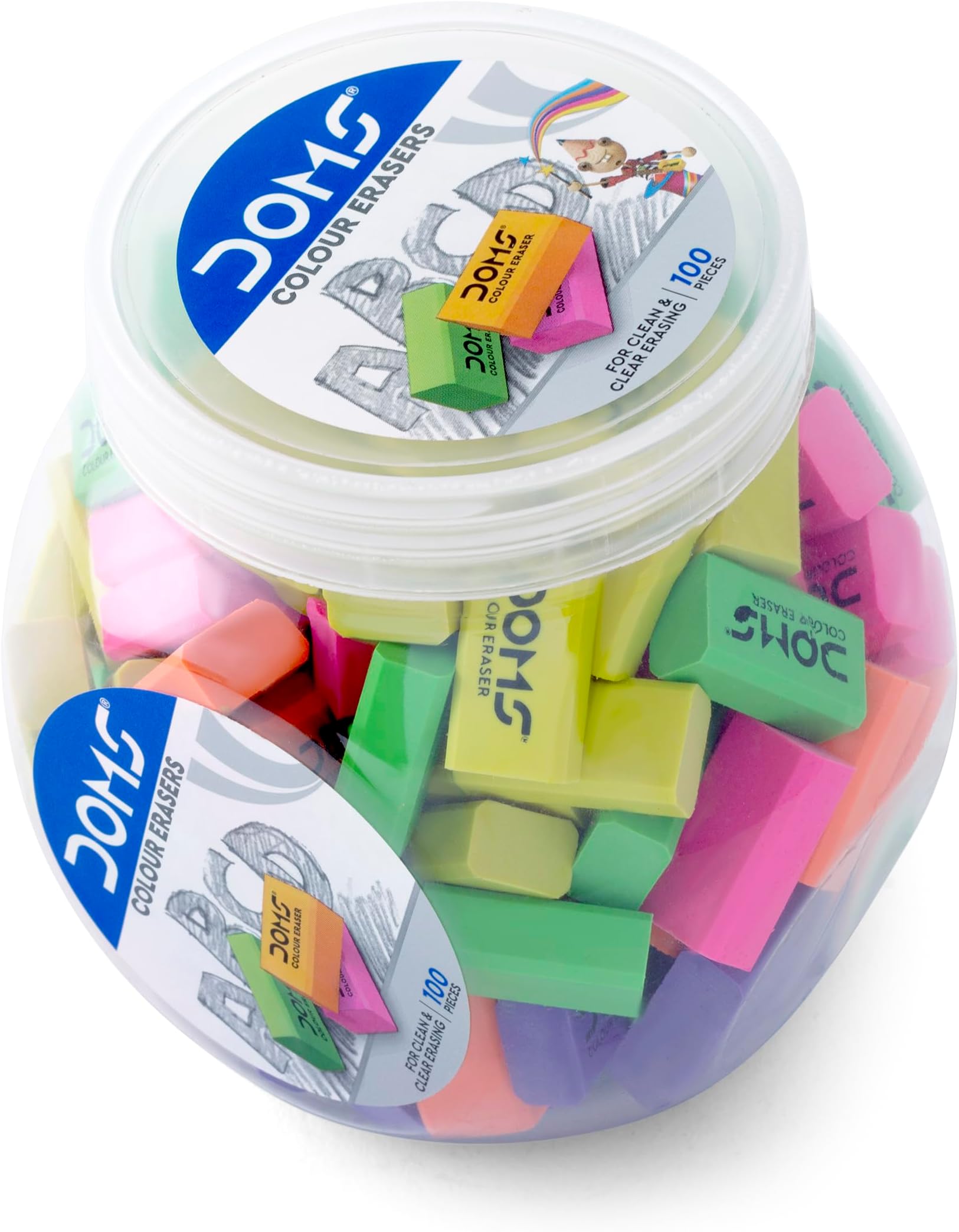 Doms Color Erasers Jar Pack | For Clean & Clear Erasing | Dust Free, Non-Toxic & Safe For Kids | Lesser Flakes & Non Messy | Vibrant Body Colors | Pack of 100 Erasers