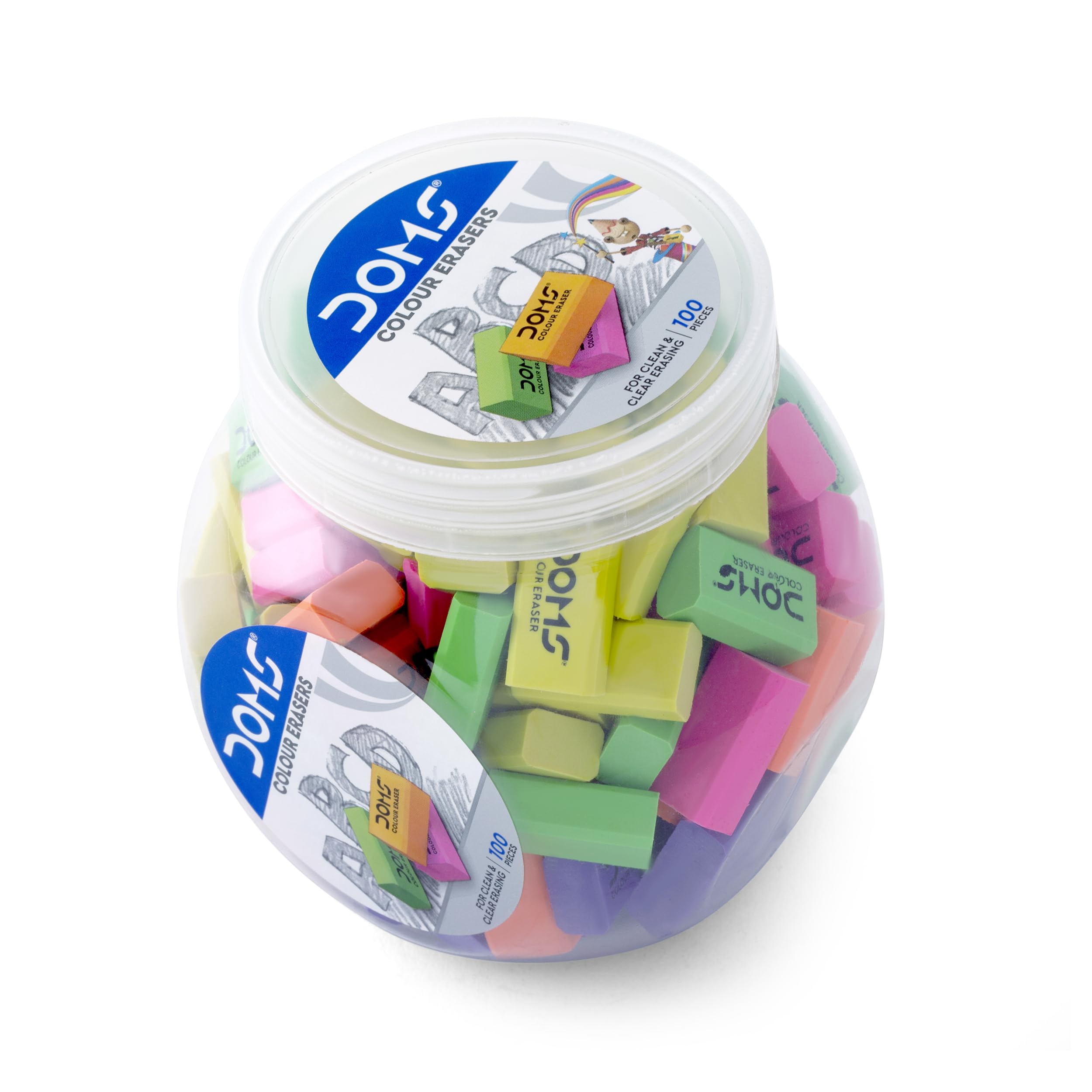 Doms Color Erasers Jar Pack | For Clean & Clear Erasing | Dust Free, Non-Toxic & Safe For Kids | Lesser Flakes & Non Messy | Vibrant Body Colors | Pack of 100 Erasers