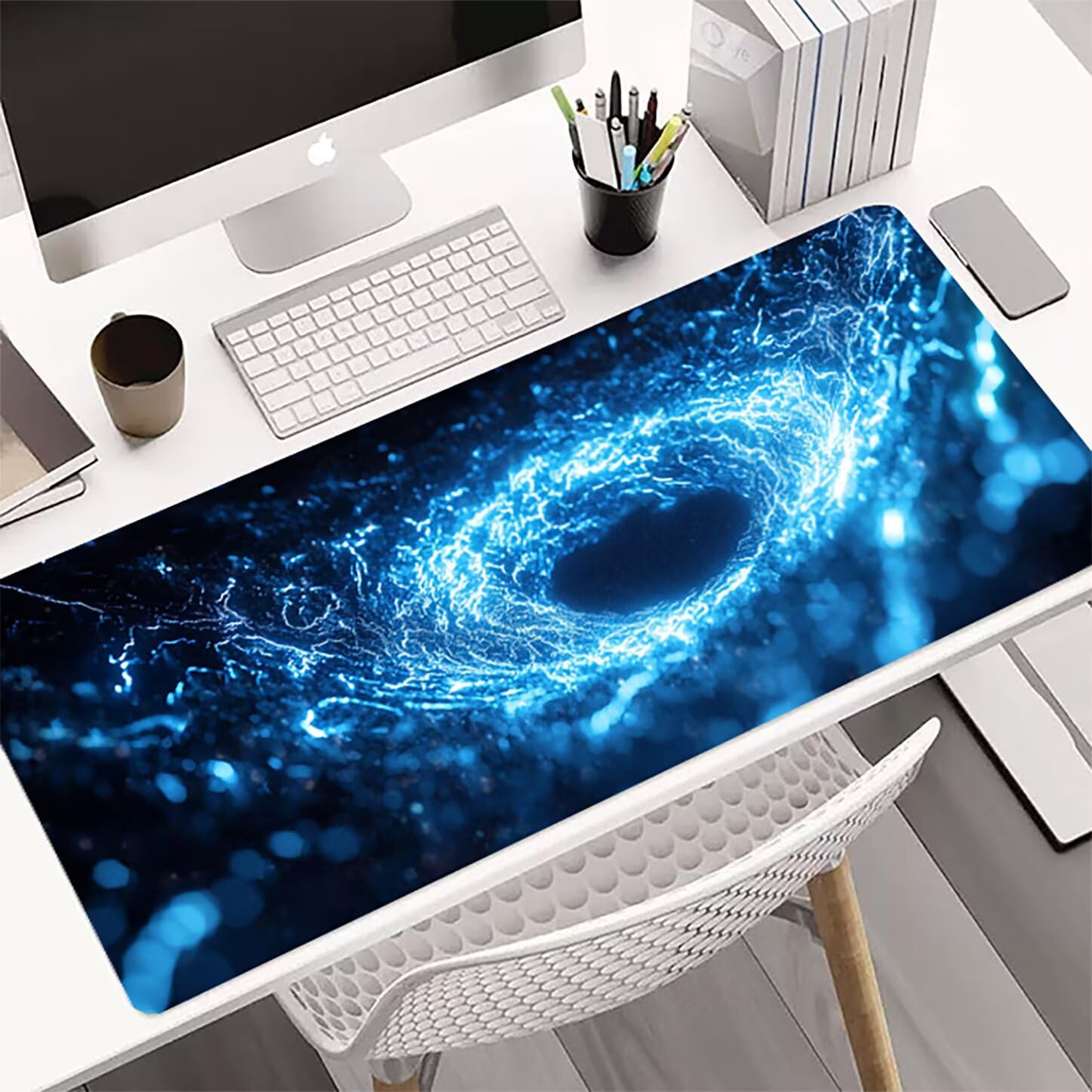 Lpfieonn Abstrakt Großes Schreibtischunterlage, XXL Schreibtischunterlagen, Blau XXL Wasserdicht Gaming Mousepad mit Vernähter Rand und Rutschfeste Gummibasis, für Laptop/Hause/Büro 120x60cm PF-3177