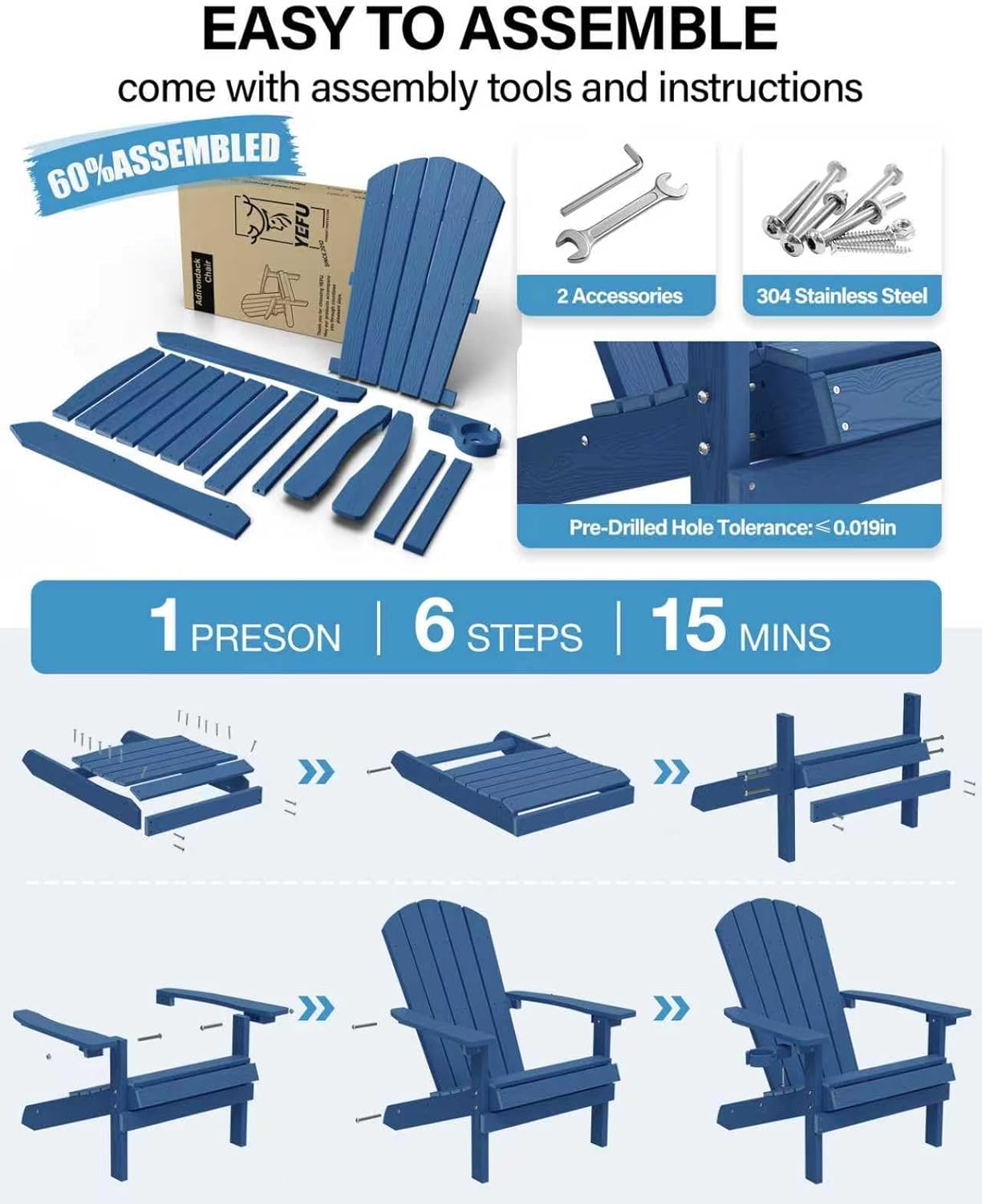 YEFU Adirondack Chair Weather Resistant: Outdoor Chair HIPS Plastic Adirondack Chairs - Patio Chairs with Wood Texture - Lawn Fire Pit Deck Porch Garden Chairs for Adults (Navy Blue)