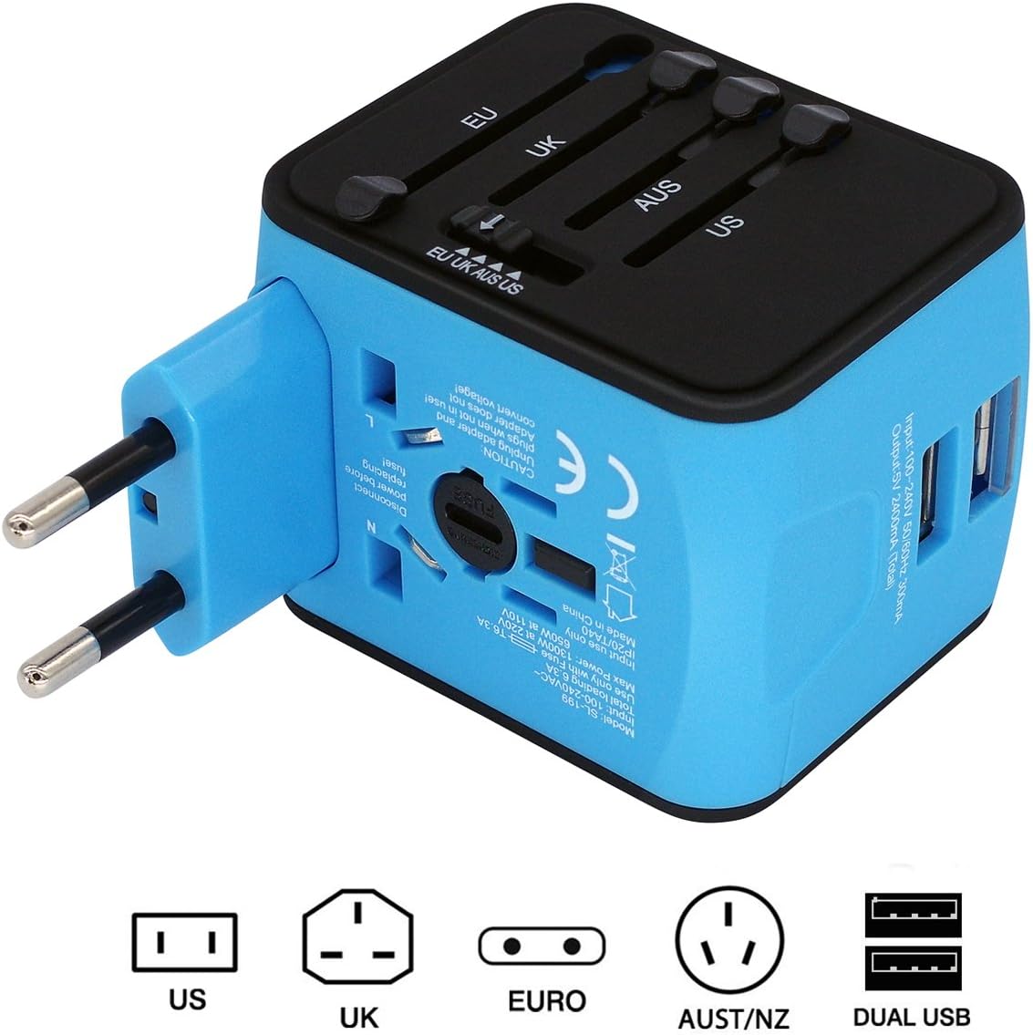 Travel Adapter, KORBOU Universal Charger AC Adapter with Dual USB Port for US, UK, EU, AU & Asia Covers 150 Countries (Blue)